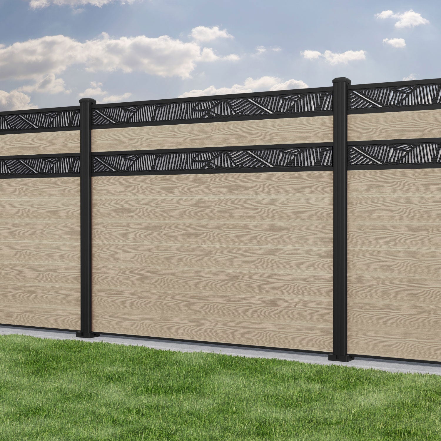 Classic Feather Split Screen Fence Panel - Light Oak - with our aluminium posts