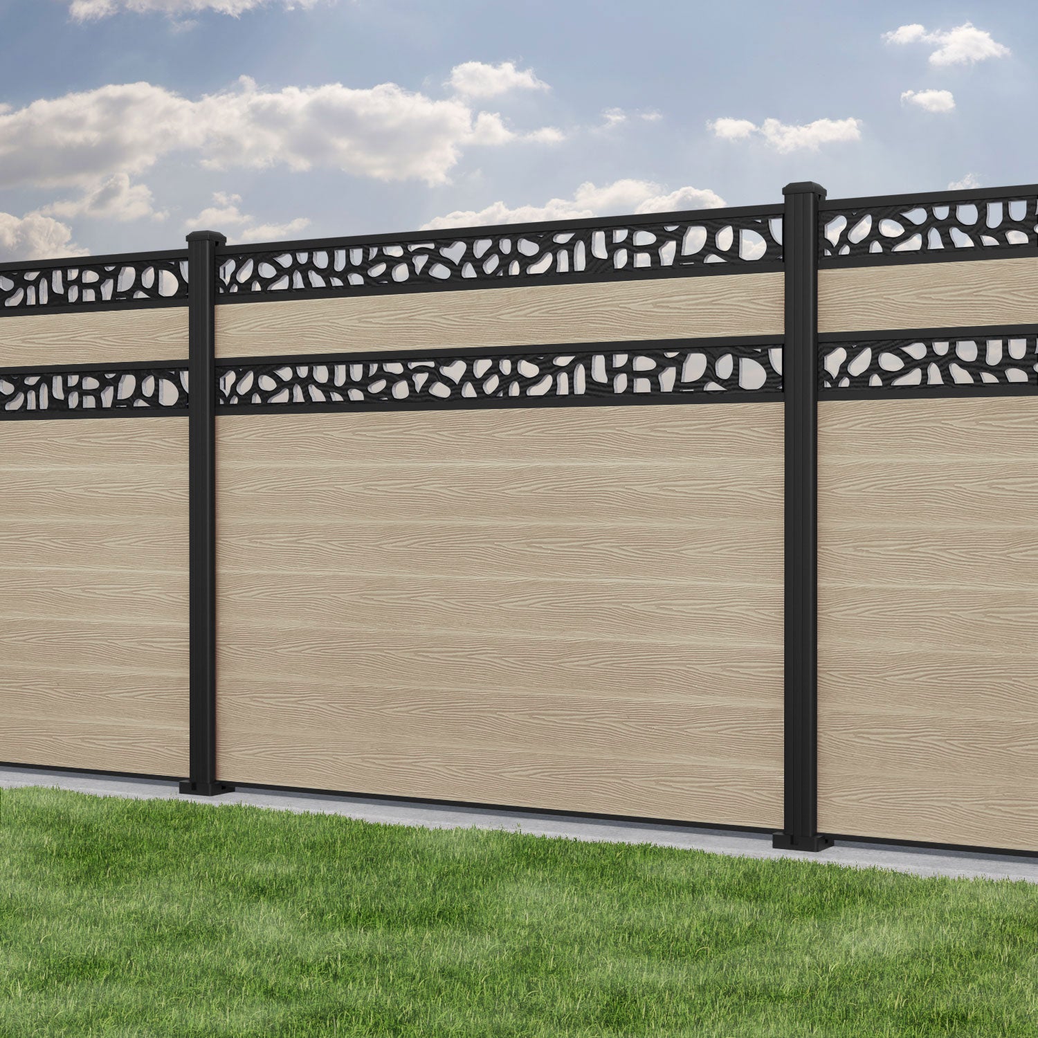 Classic Pebble Split Screen Fence Panel - Light Oak - with our aluminium posts