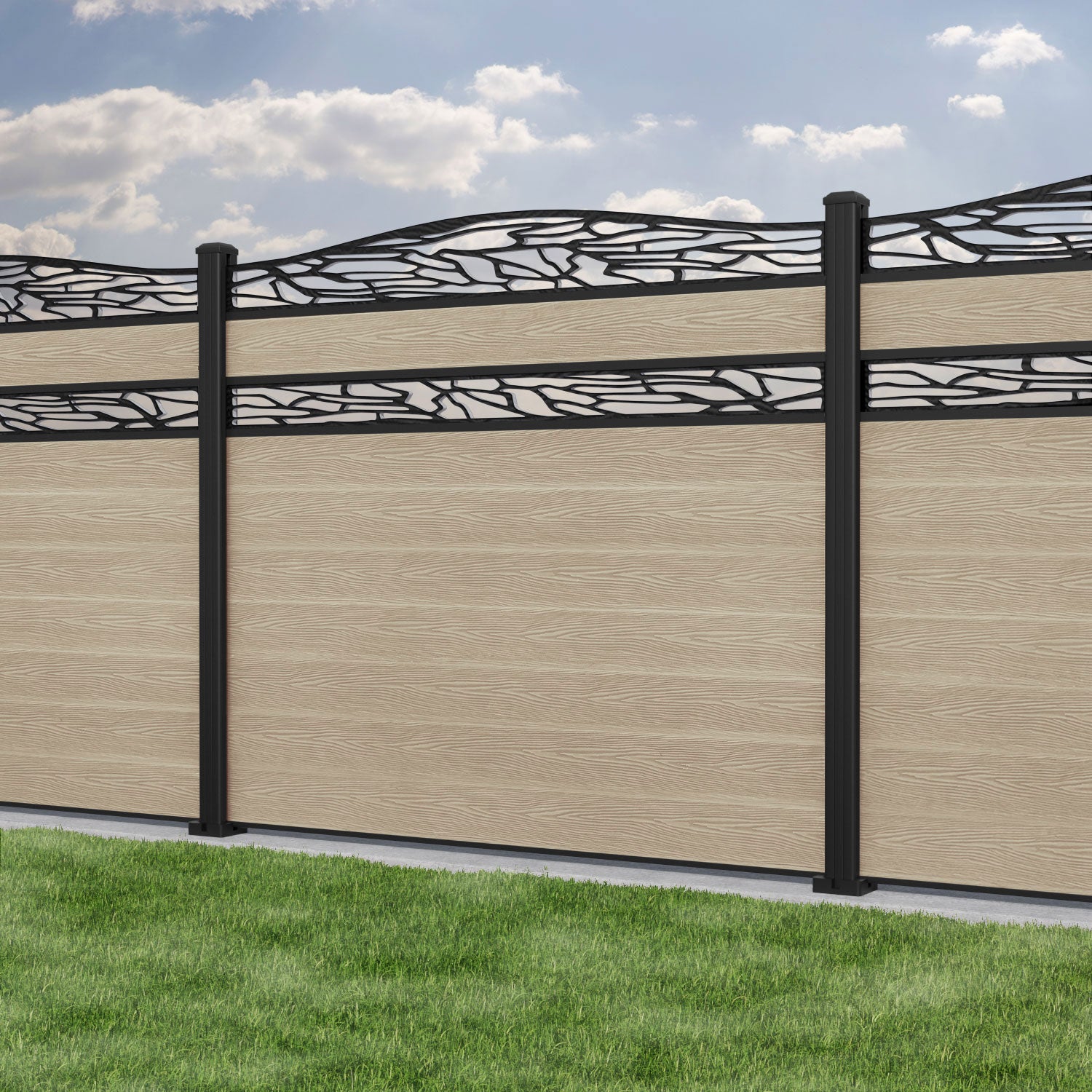 Classic Shatter Curved Top Split Screen Fence Panel - Light Oak - with our aluminium posts
