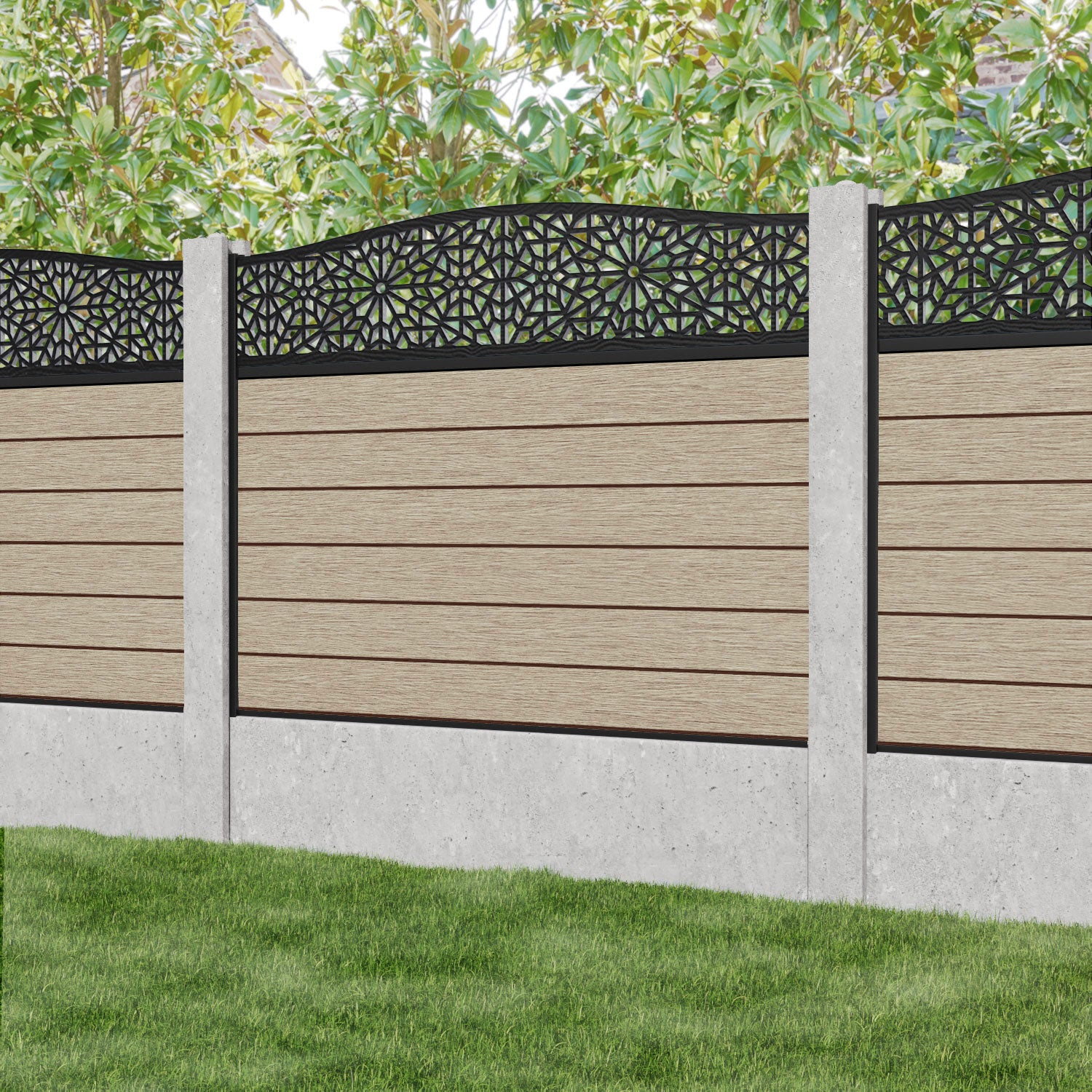 Fusion Alnara Curved Top Fence Panel - Light Oak - for existing concrete posts