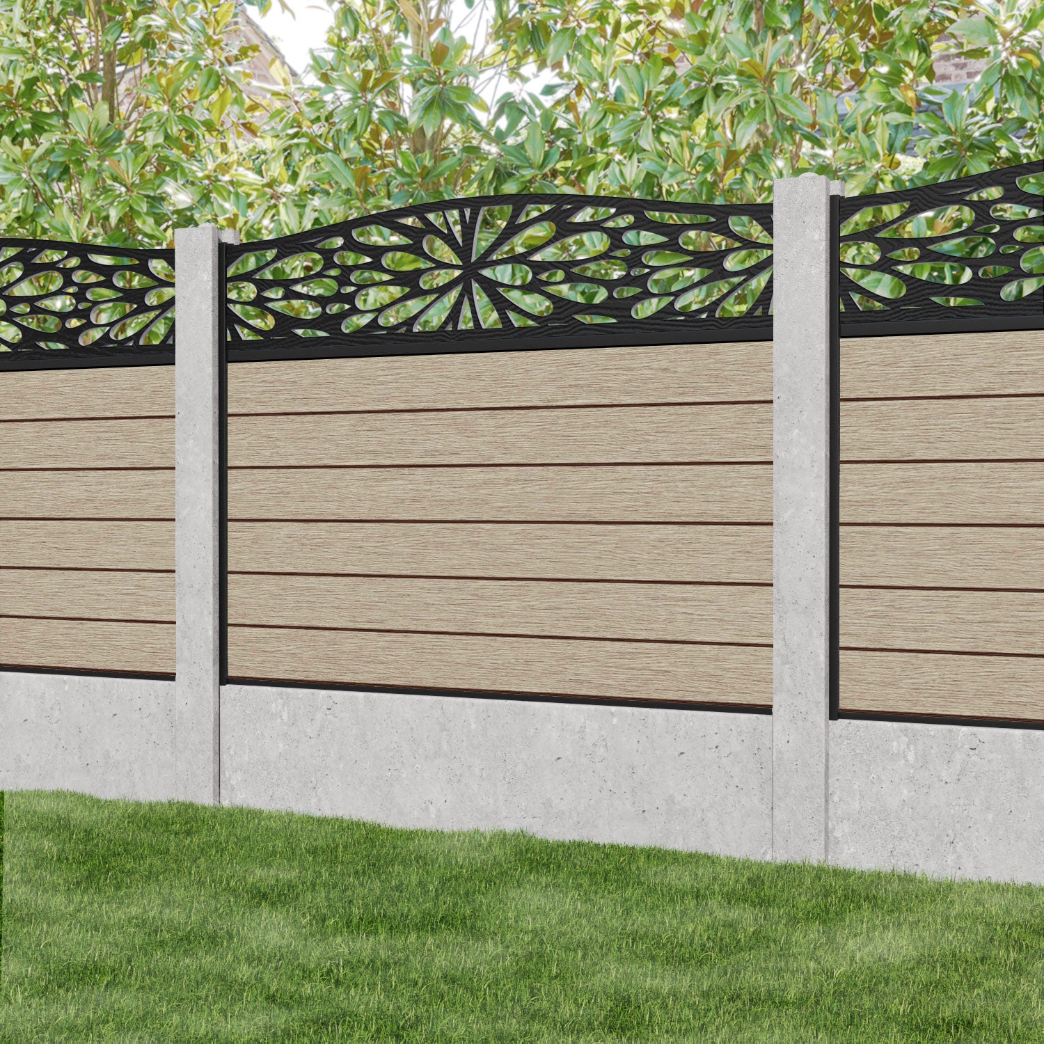 Fusion Blossom Curved Top Fence Panel - Light Oak - for existing concrete posts