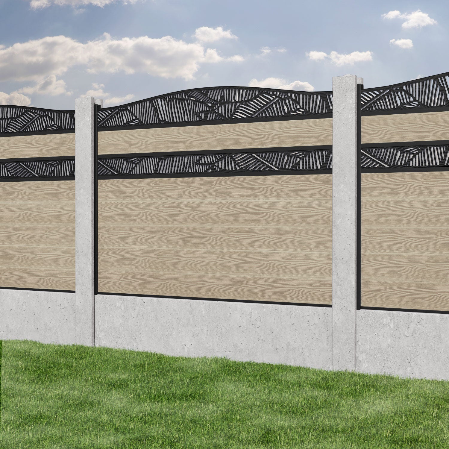 Classic Feather Curved Top Split Screen Fence Panel - Light Oak - for existing concrete posts
