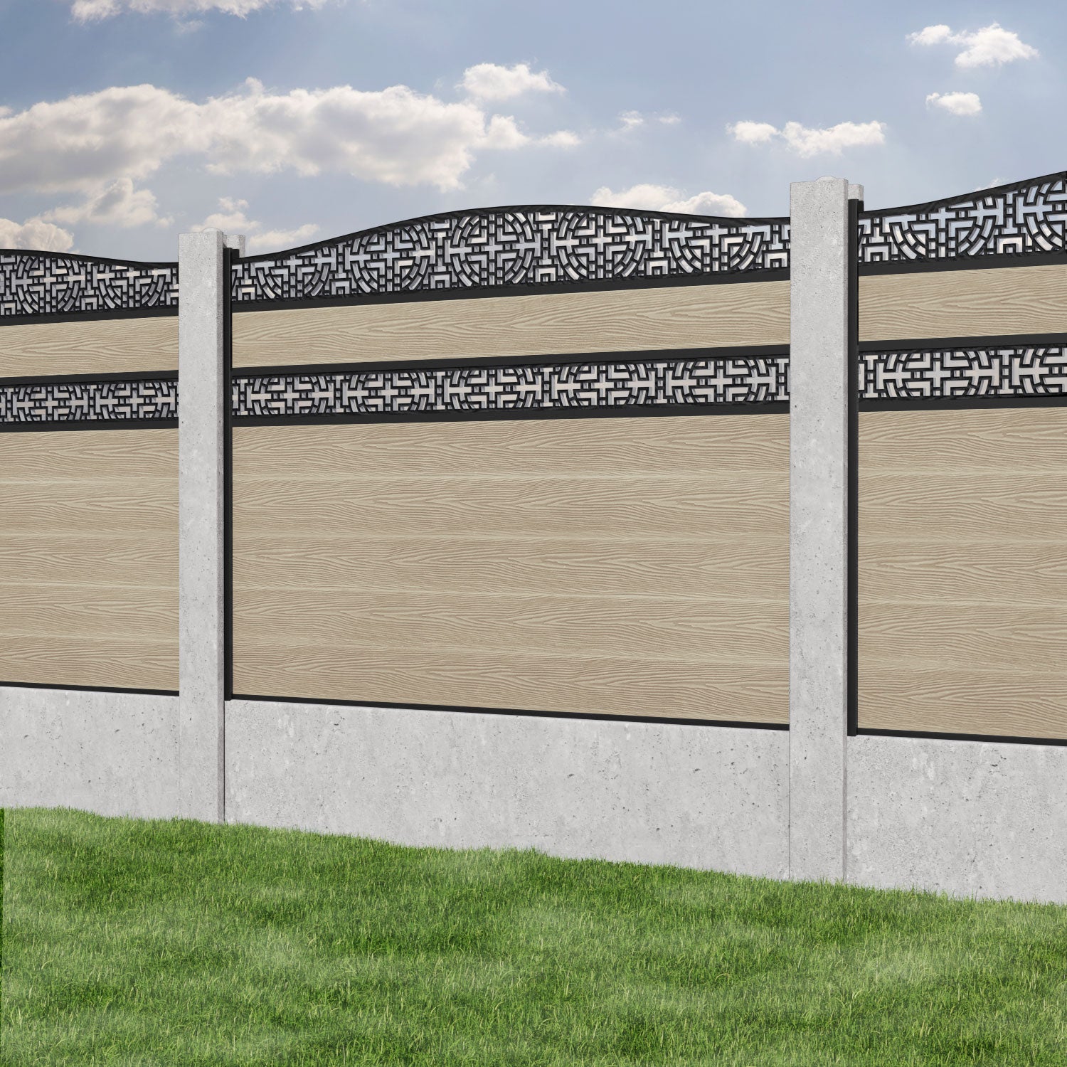 Classic Kumo Curved Top Split Screen Fence Panel - Light Oak - for existing concrete posts