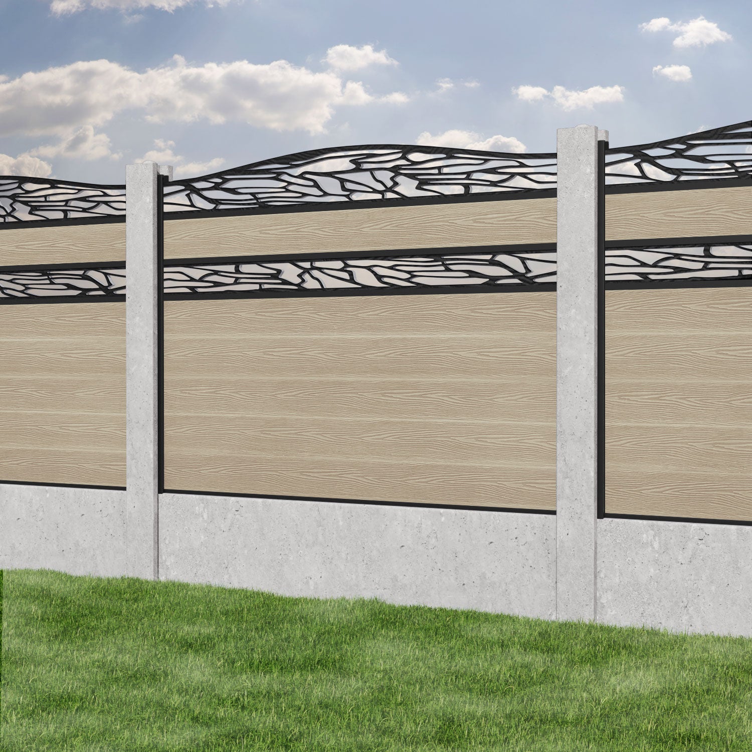 Classic Shatter Curved Top Split Screen Fence Panel - Light Oak - for existing concrete posts