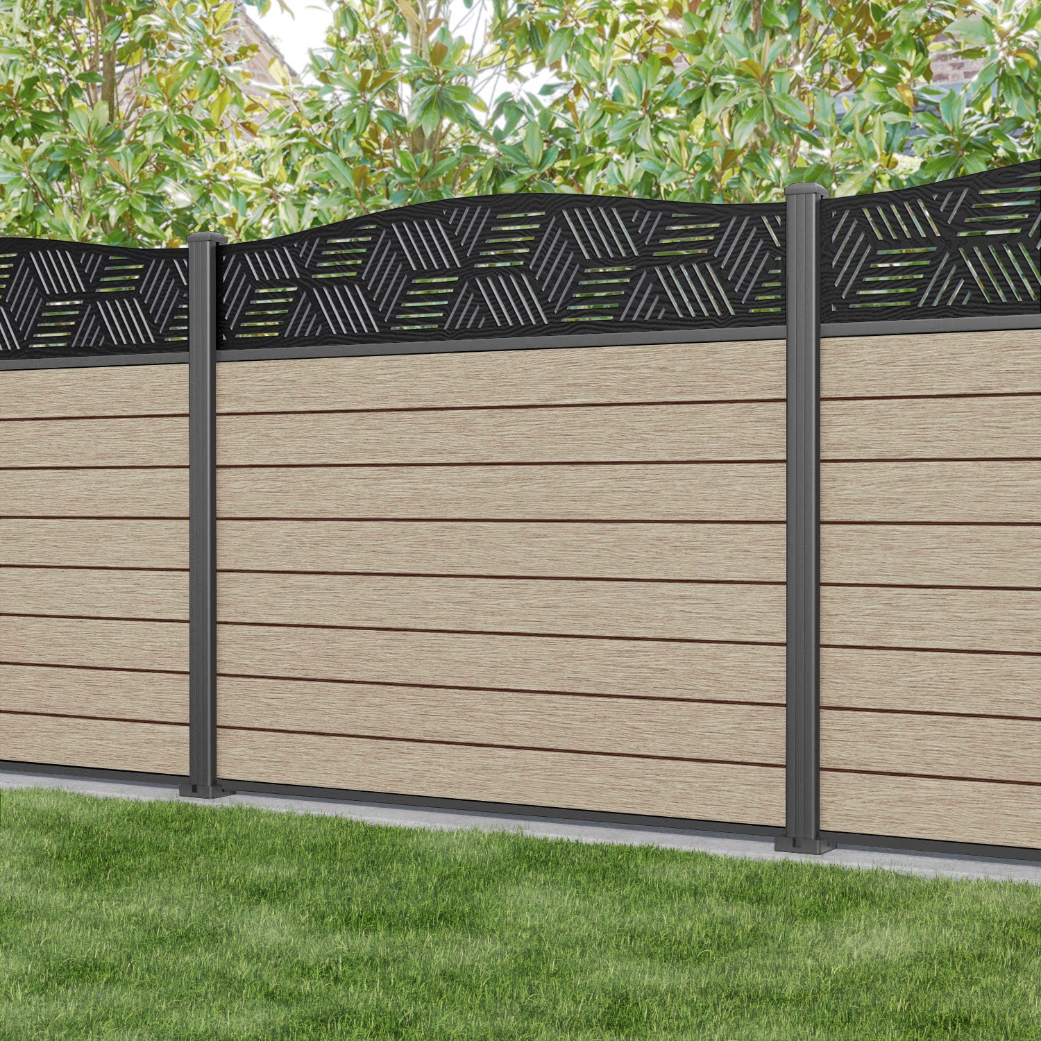 Fusion Cubed Curved Top Fence Panel - Light Oak - with our aluminium posts