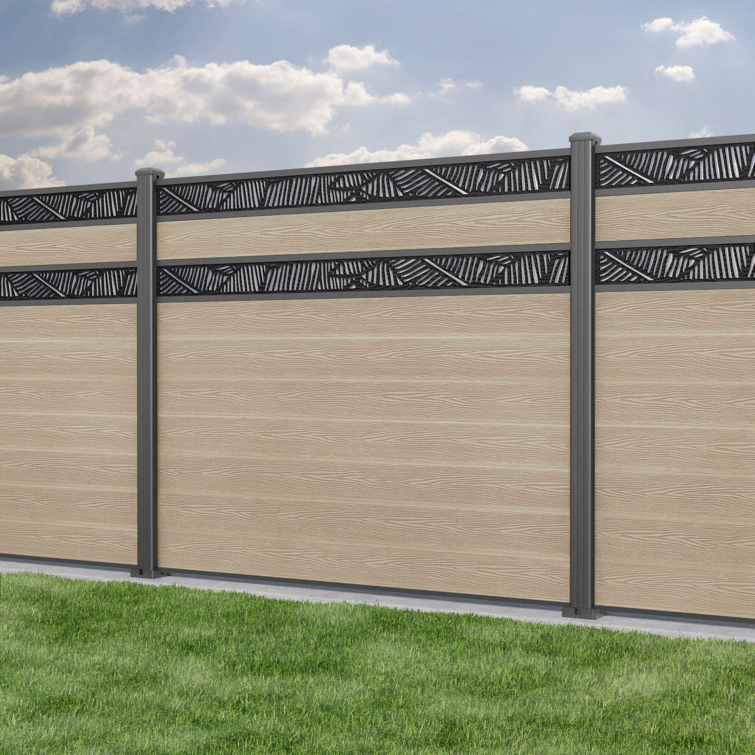 Classic Feather Split Screen Fence Panel - Light Oak - with our aluminium posts