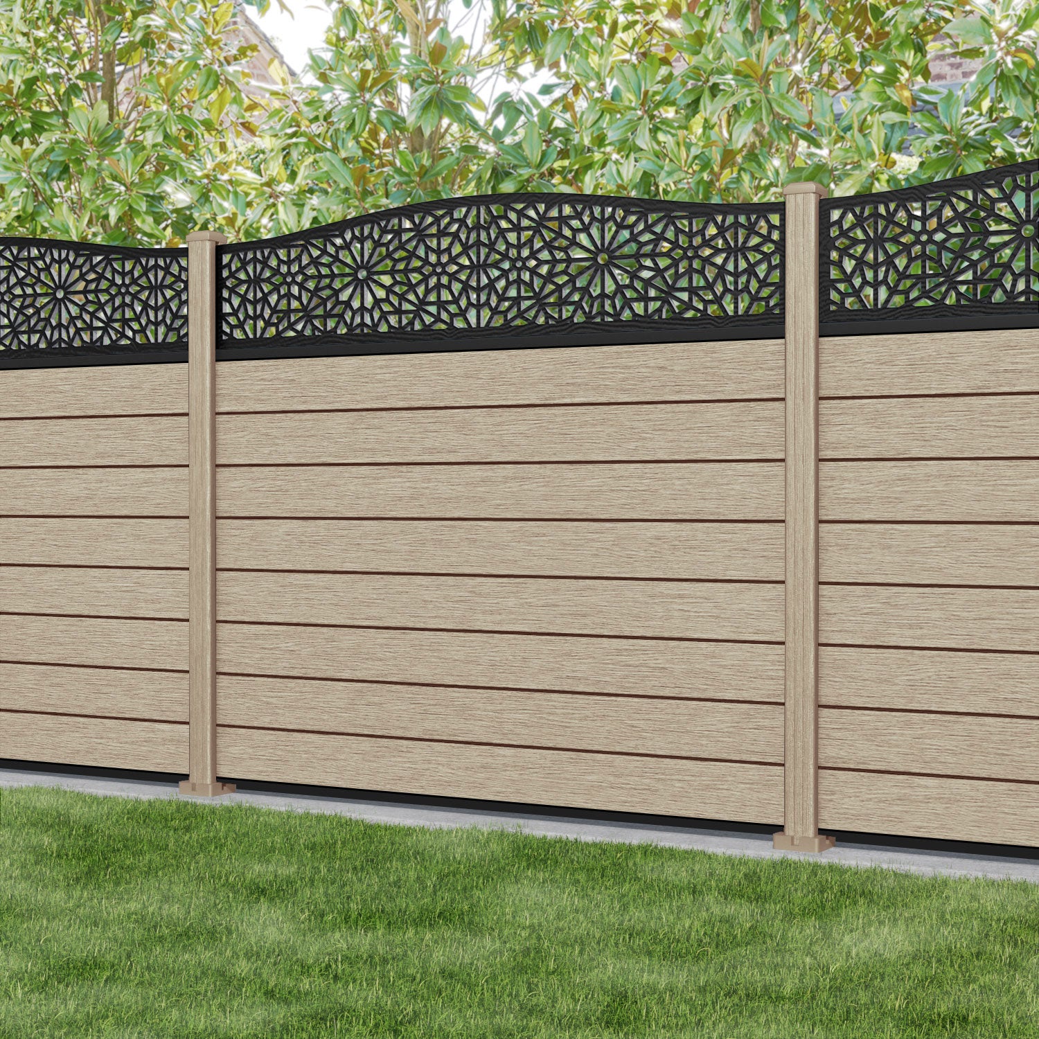 Fusion Alnara Curved Top Fence Panel - Light Oak - with our composite posts