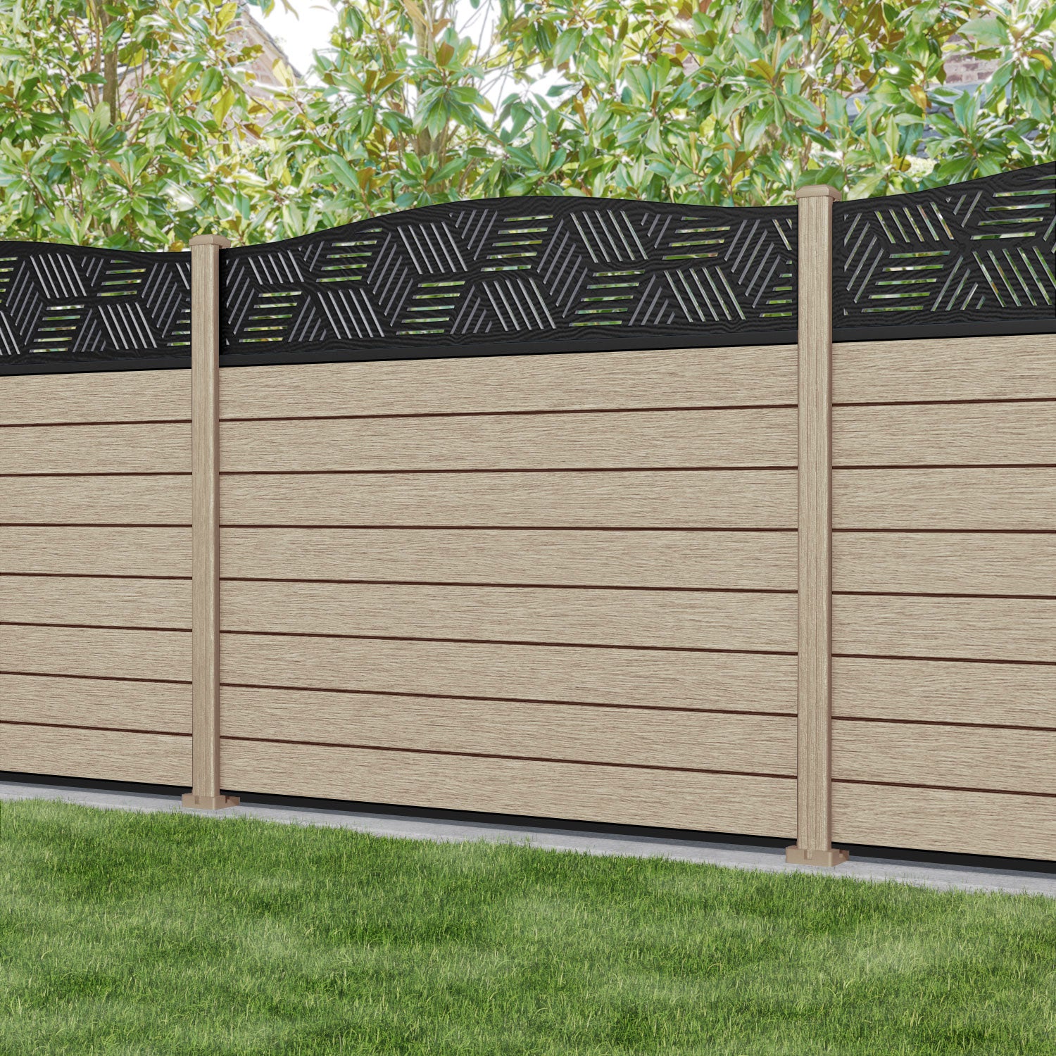 Fusion Cubed Curved Top Fence Panel - Light Oak - with our composite posts