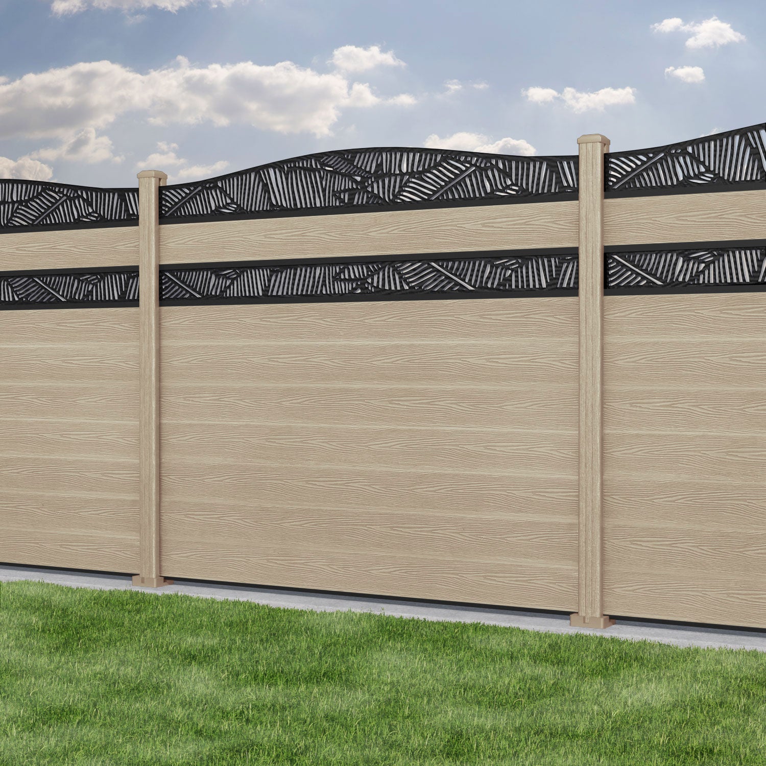 Classic Feather Curved Top Split Screen Fence Panel - Light Oak - with our composite posts