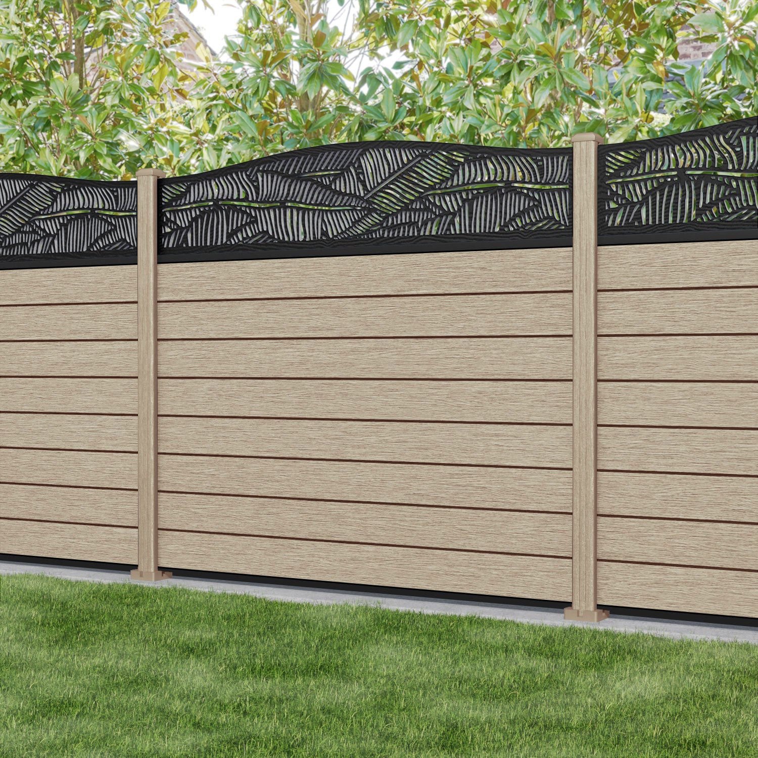 Fusion Feather Curved Top Fence Panel - Light Oak - with our composite posts