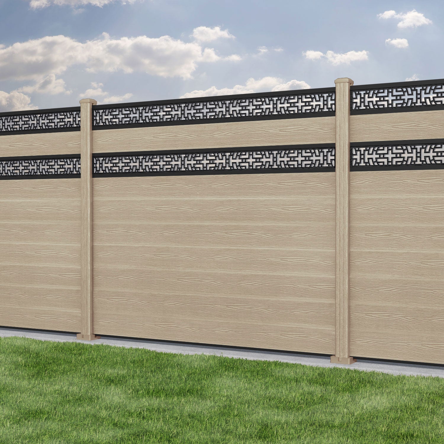 Classic Kumo Split Screen Fence Panel - Light Oak - with our composite posts
