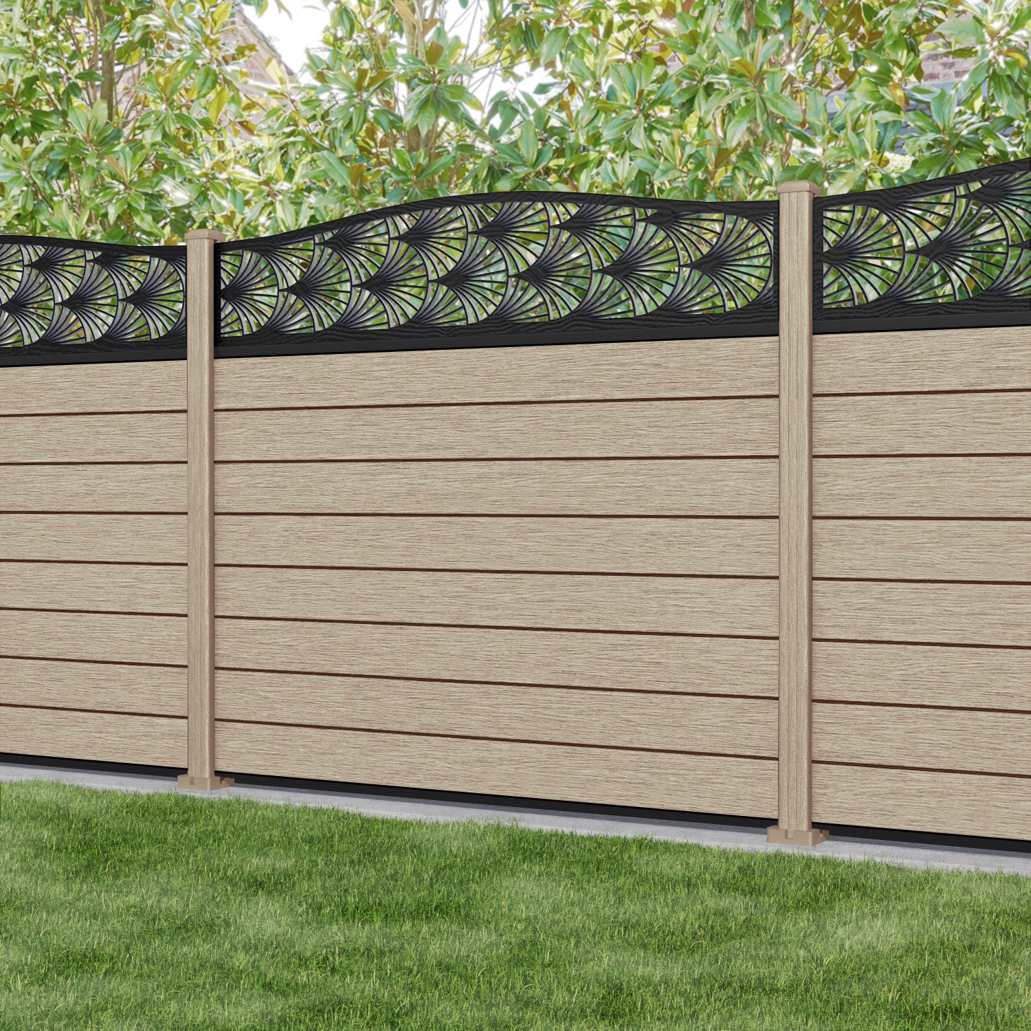 Fusion Laurel Curved Top Fence Panel - Light Oak - with our composite posts