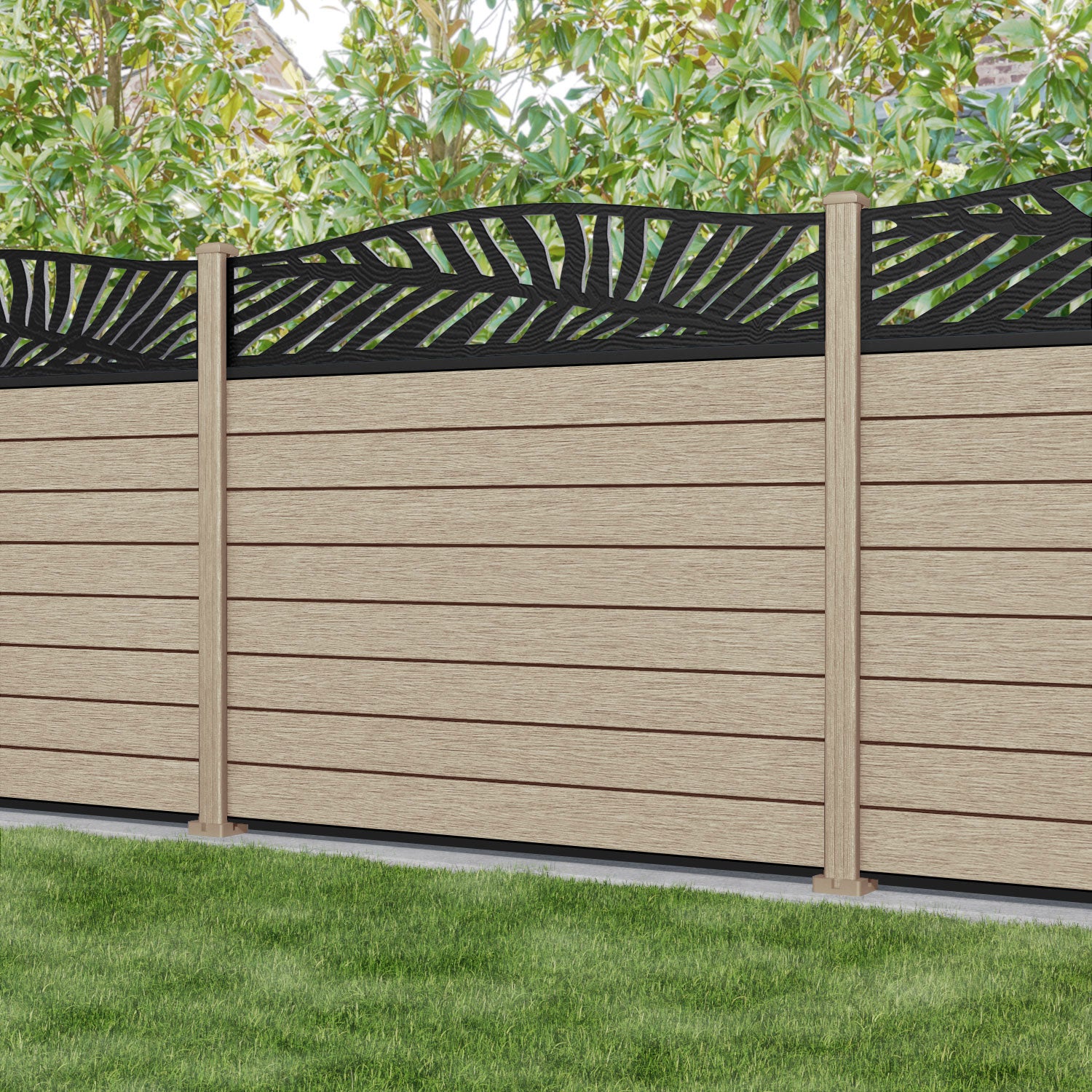 Fusion Palm Curved Top Fence Panel - Light Oak - with our composite posts