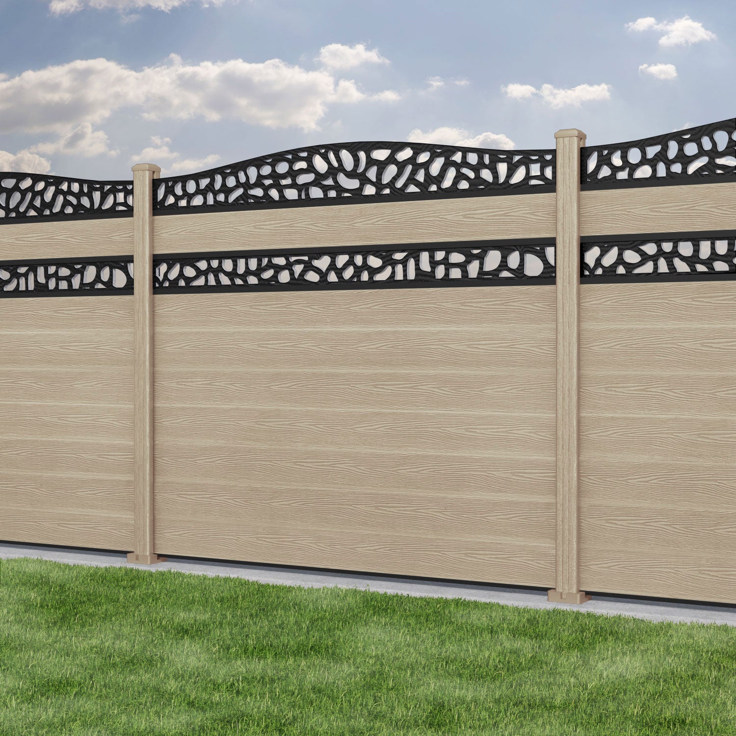 Classic Pebble Curved Top Split Screen Fence Panel - Light Oak - with our composite posts