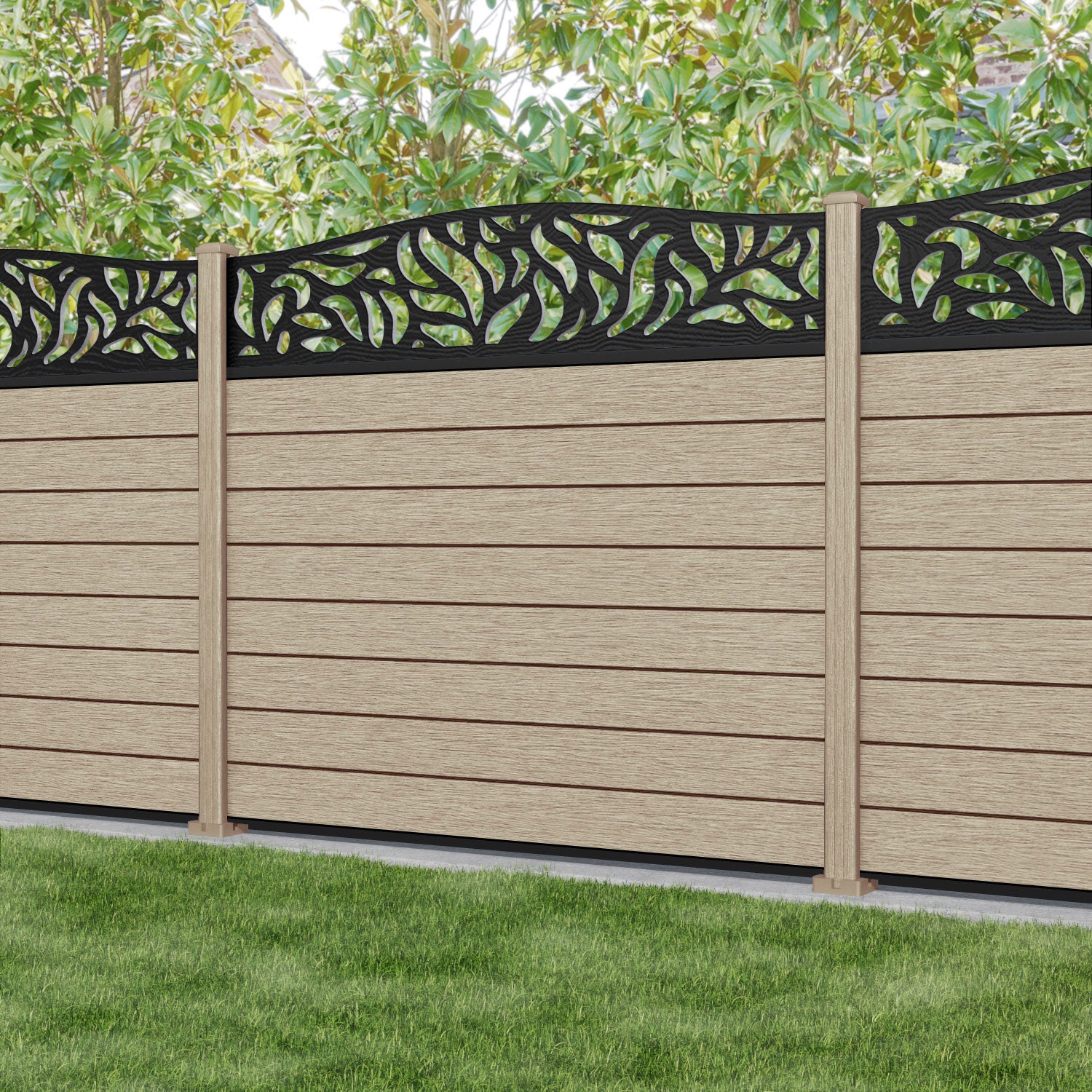 Fusion Plume Curved Top Fence Panel - Light Oak - with our composite posts