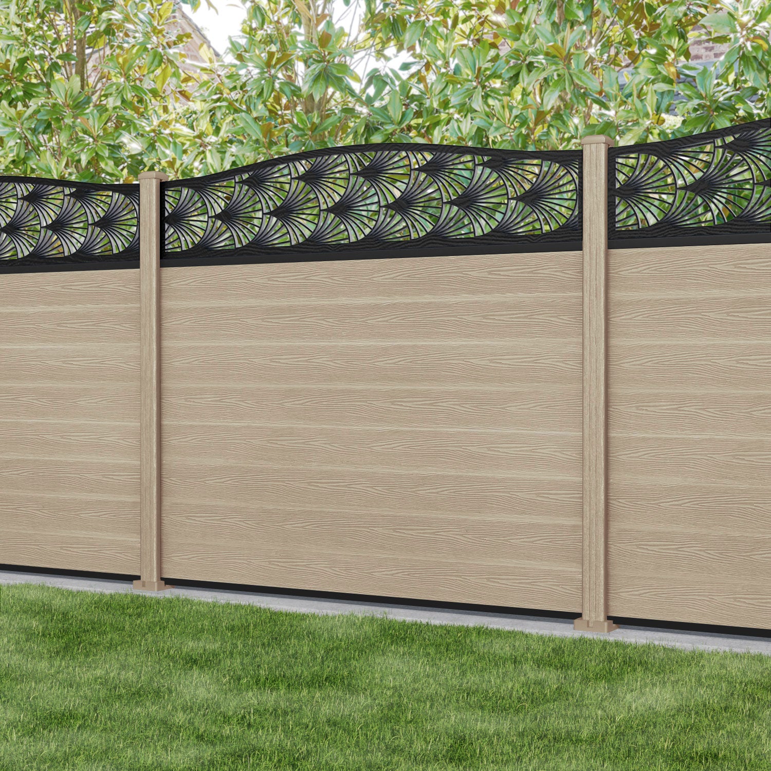 Classic Laurel Curved Top Fence Panel - Light Oak - with our composite posts