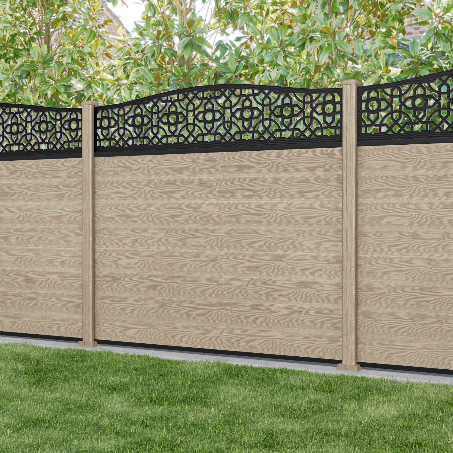 Classic Nabila Curved Top Fence Panel - Light Oak - with our composite posts
