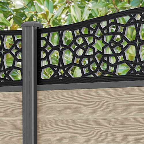 Classic Nazira Curved Top Fence Panel - Light Oak - with our aluminium posts