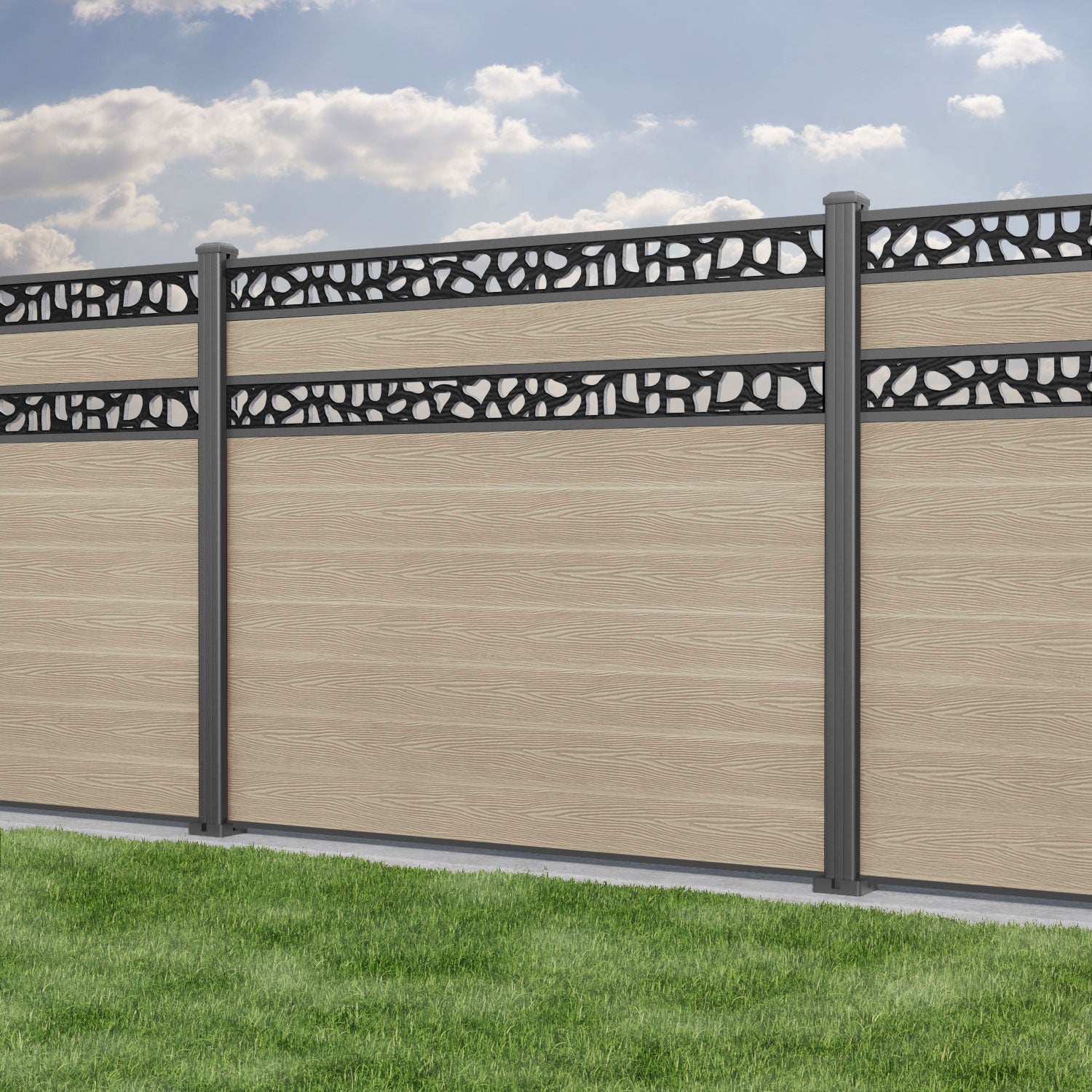 Classic Pebble Split Screen Fence Panel - Light Oak - with our aluminium posts