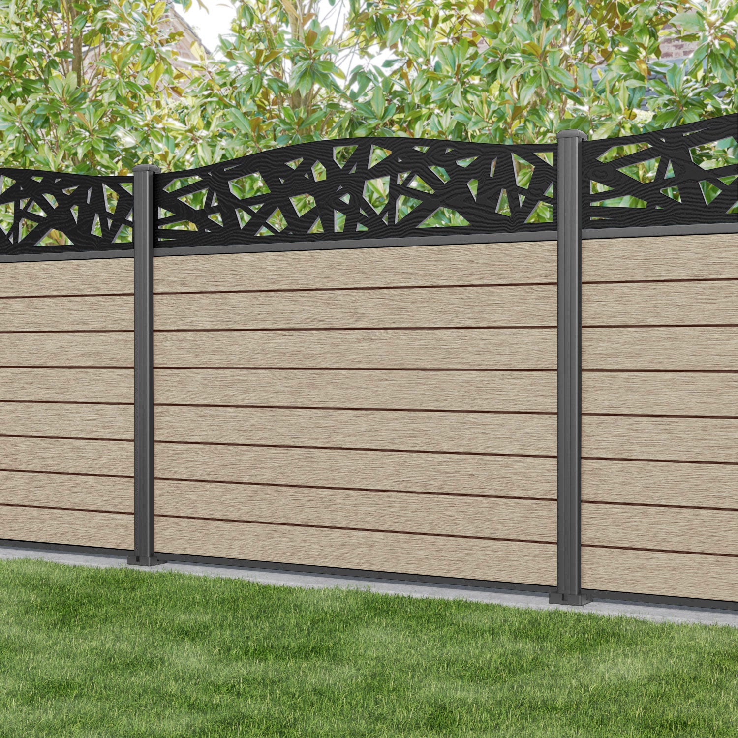 Fusion Prism Curved Top Fence Panel - Light Oak - with our aluminium posts