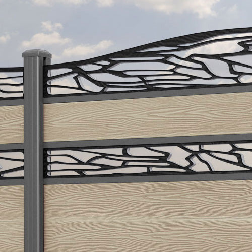 Classic Shatter Curved Top Split Screen Fence Panel - Light Oak - with our aluminium posts