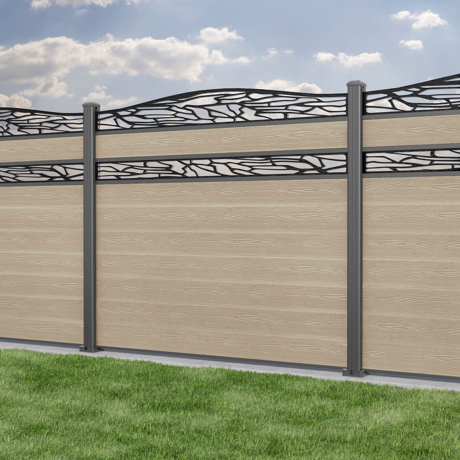 Classic Shatter Curved Top Split Screen Fence Panel - Light Oak - with our aluminium posts