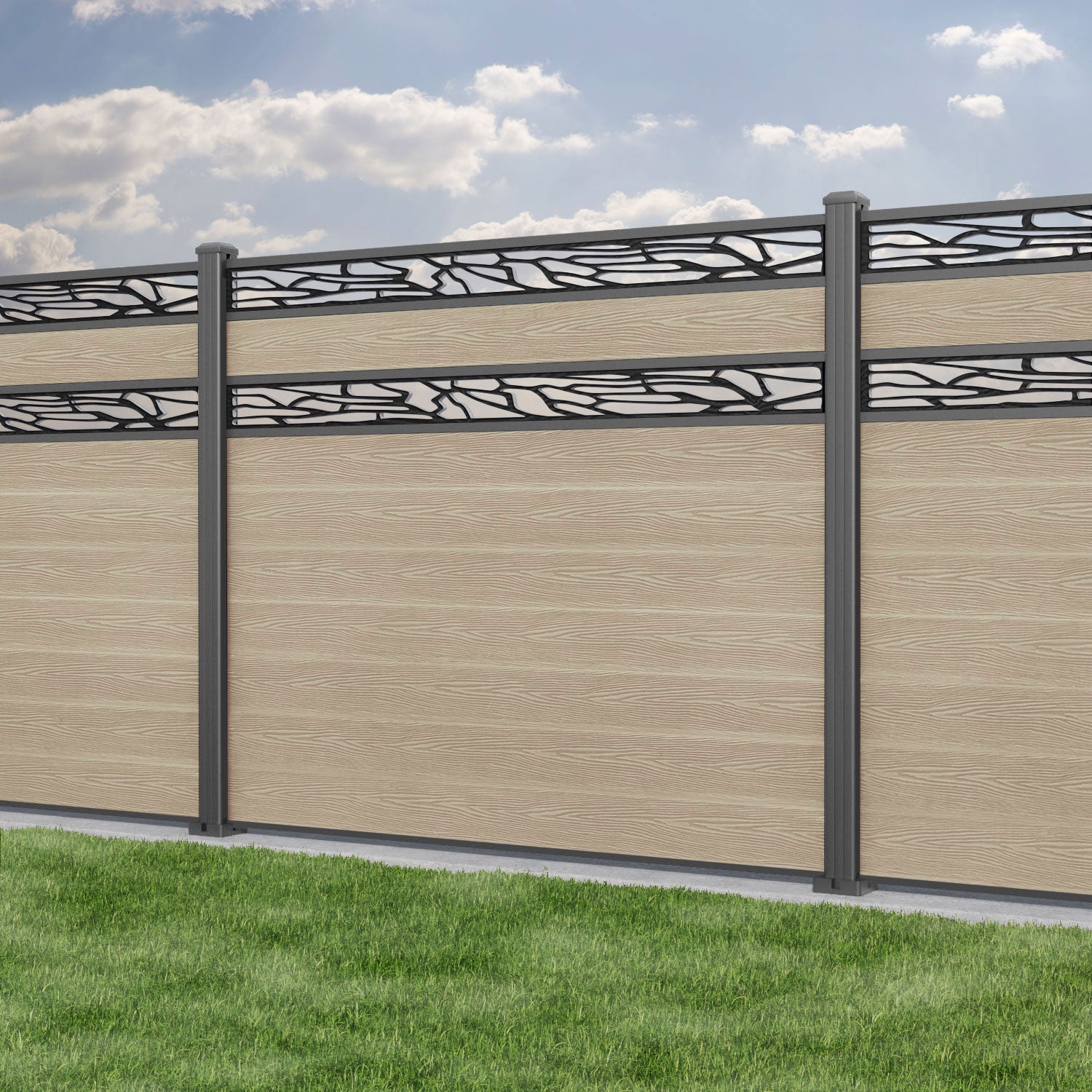 Classic Shatter Split Screen Fence Panel - Light Oak - with our aluminium posts