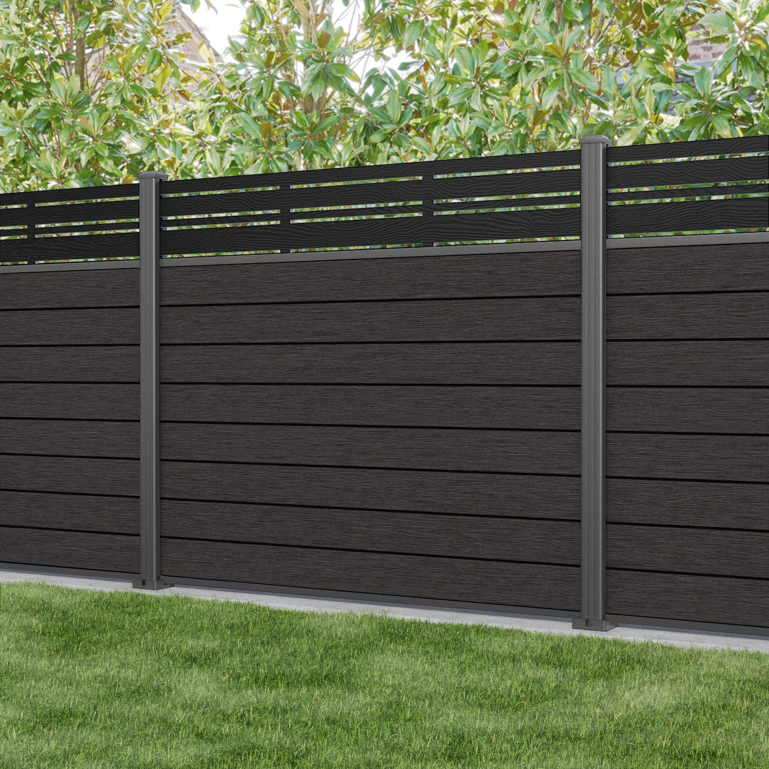Fusion Linea Fence Panel - Dark Oak - with our aluminium posts