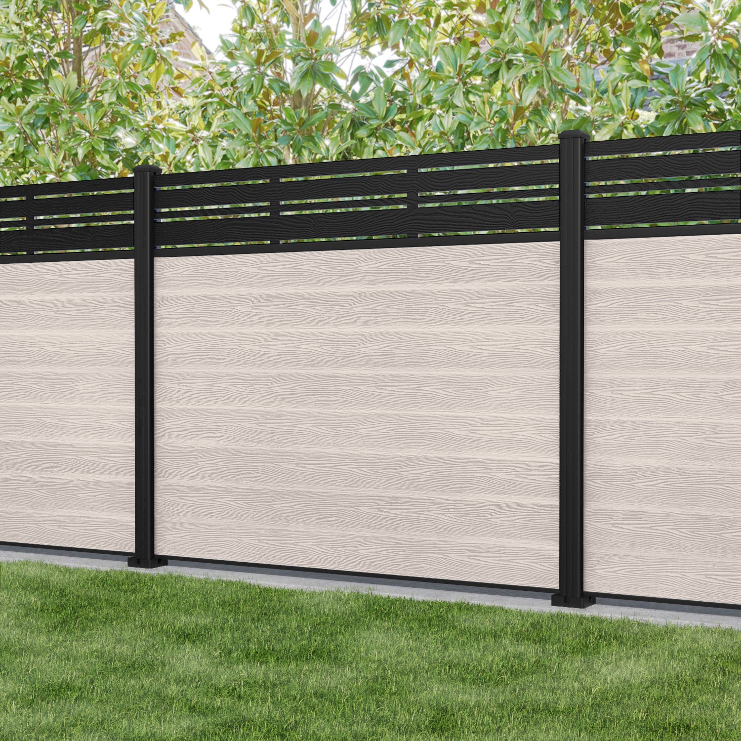 Classic Linea Fence Panel - Mid Stone - with our aluminium posts