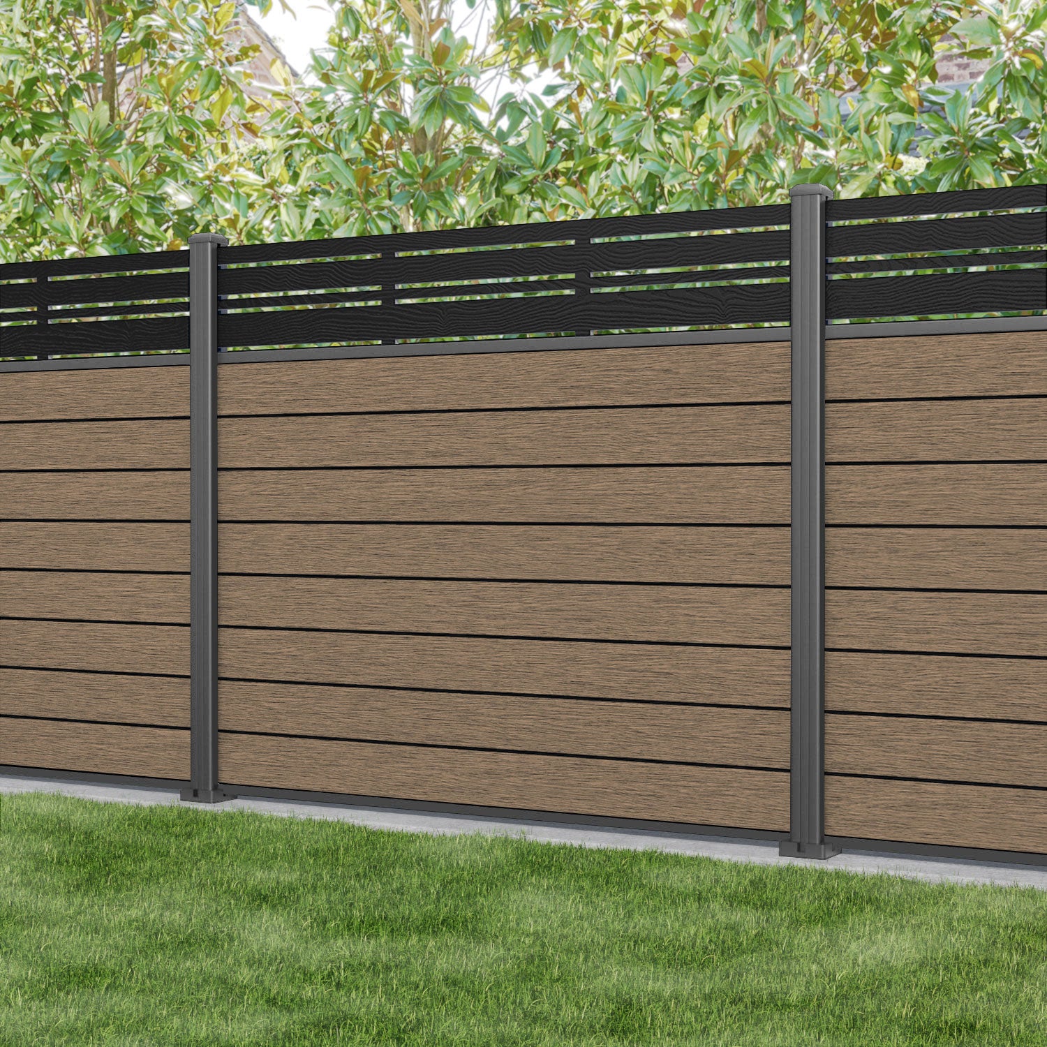 Fusion Linea Fence Panel - Teak - with our aluminium posts