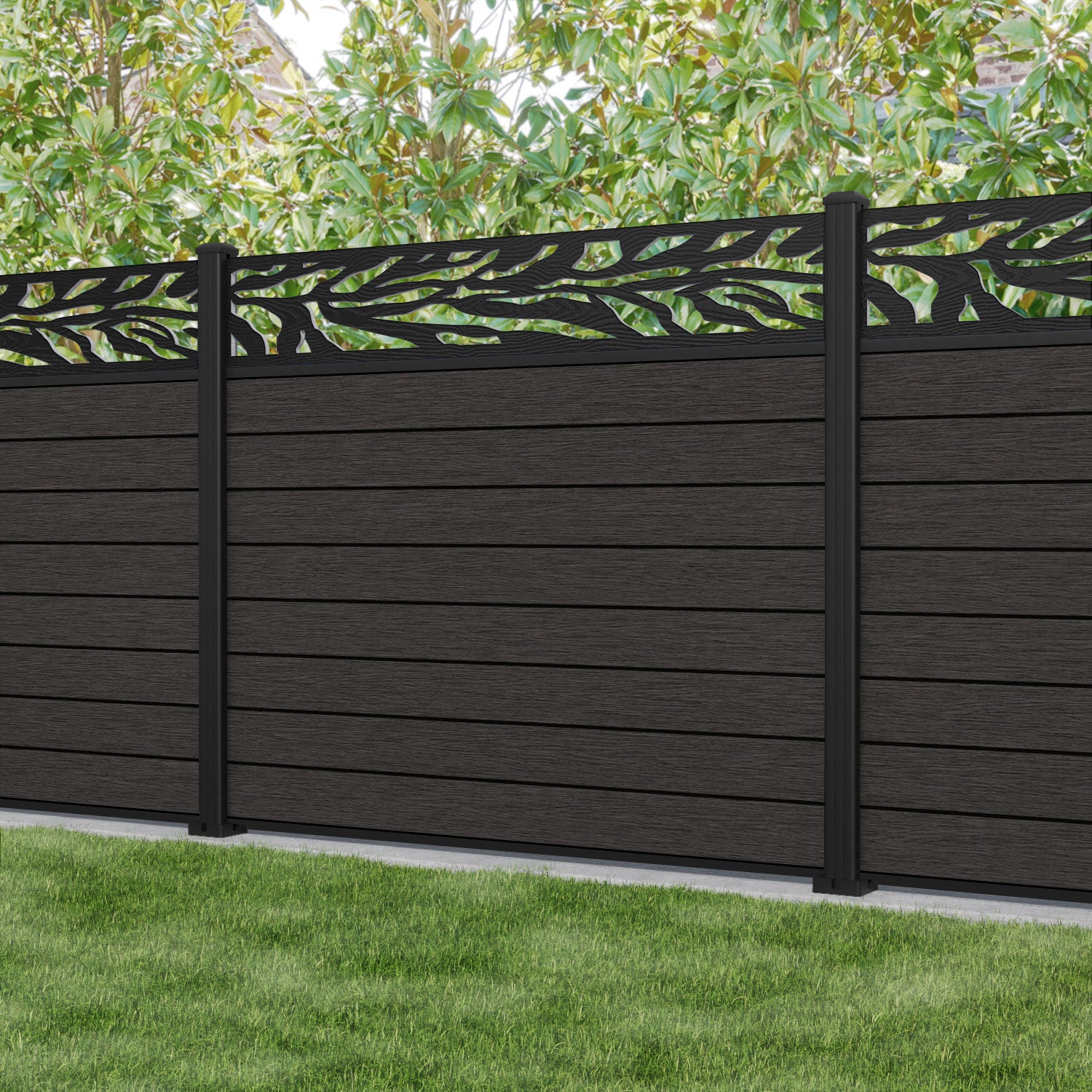 Fusion Malawi Fence Panel - Dark Oak - with our aluminium posts