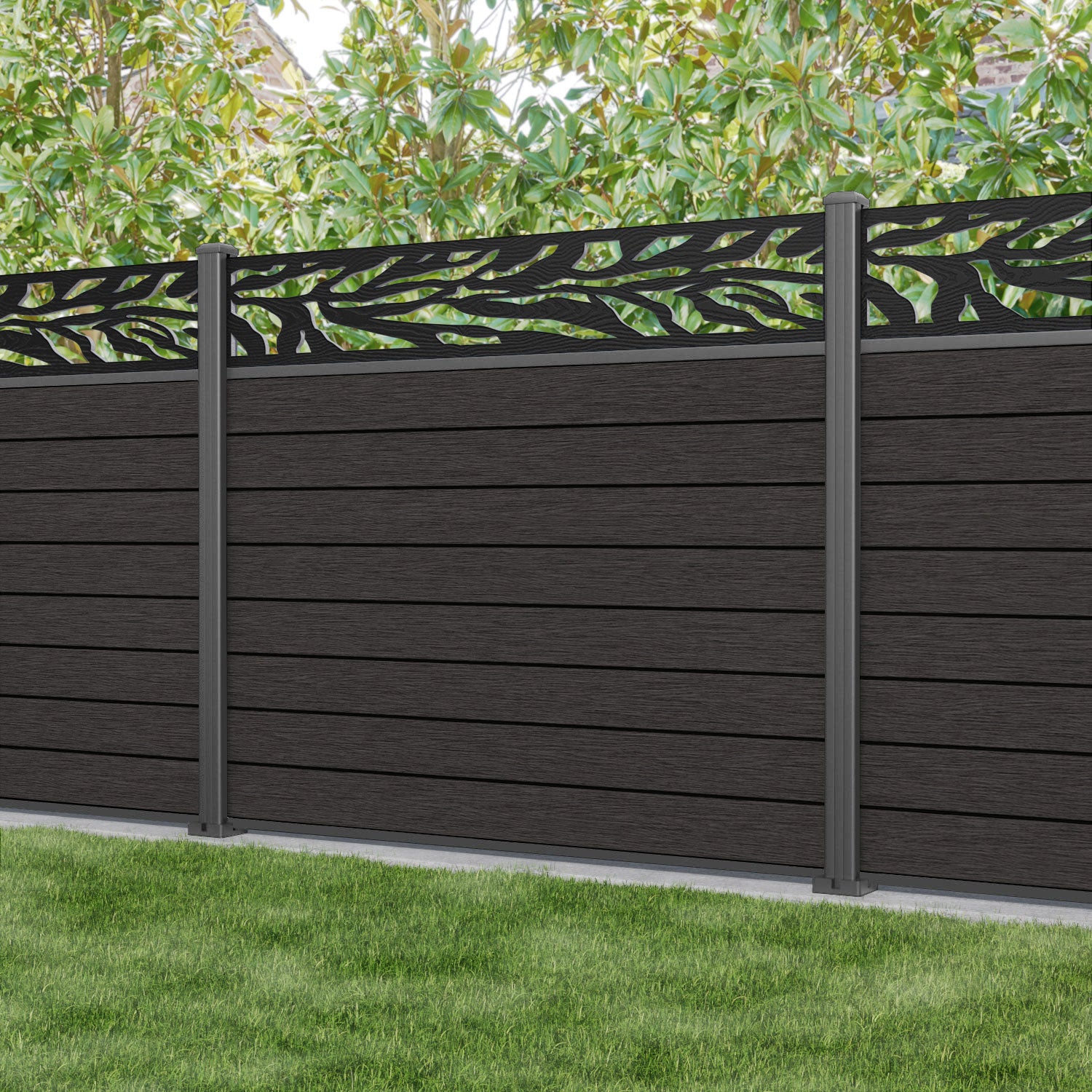 Fusion Malawi Fence Panel - Dark Oak - with our aluminium posts
