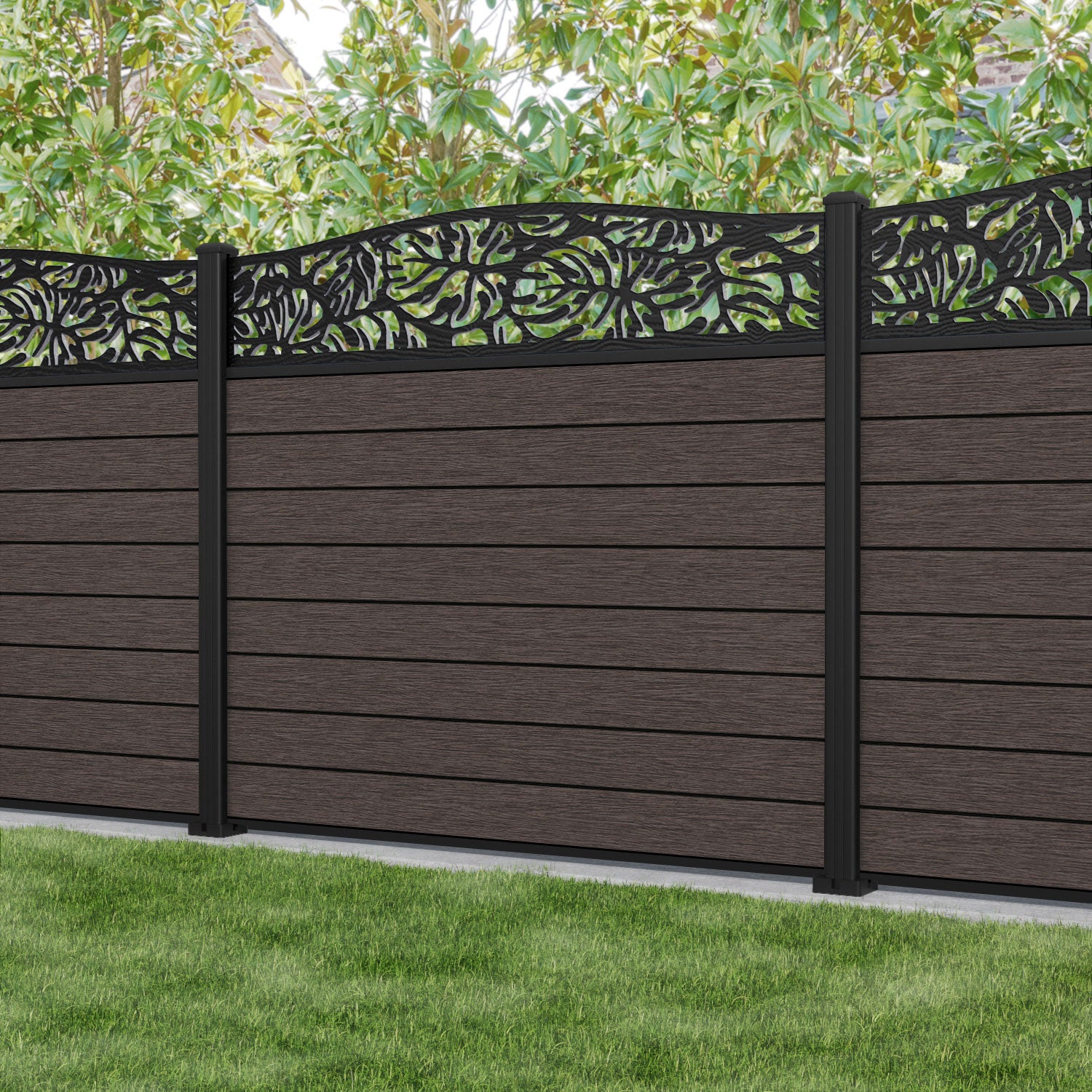 Fusion Botanic Curved Top Fence Panel - Mid Brown - with our aluminium posts