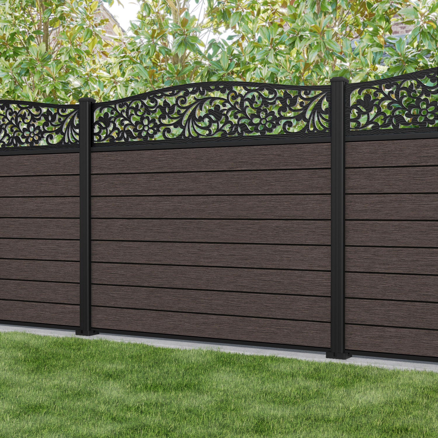 Fusion Eden Curved Top Fence Panel - Mid Brown - with our aluminium posts