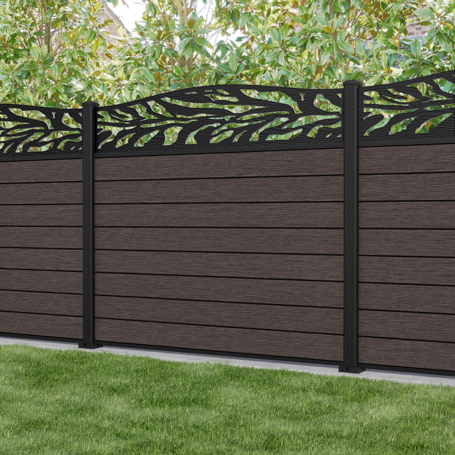 Fusion Malawi Curved Top Fence Panel - Mid Brown - with our aluminium posts
