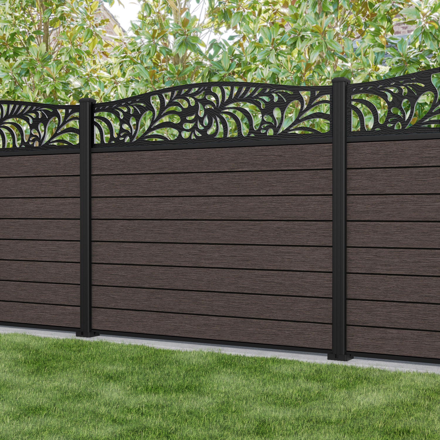 Fusion Petal Curved Top Fence Panel - Mid Brown - with our aluminium posts