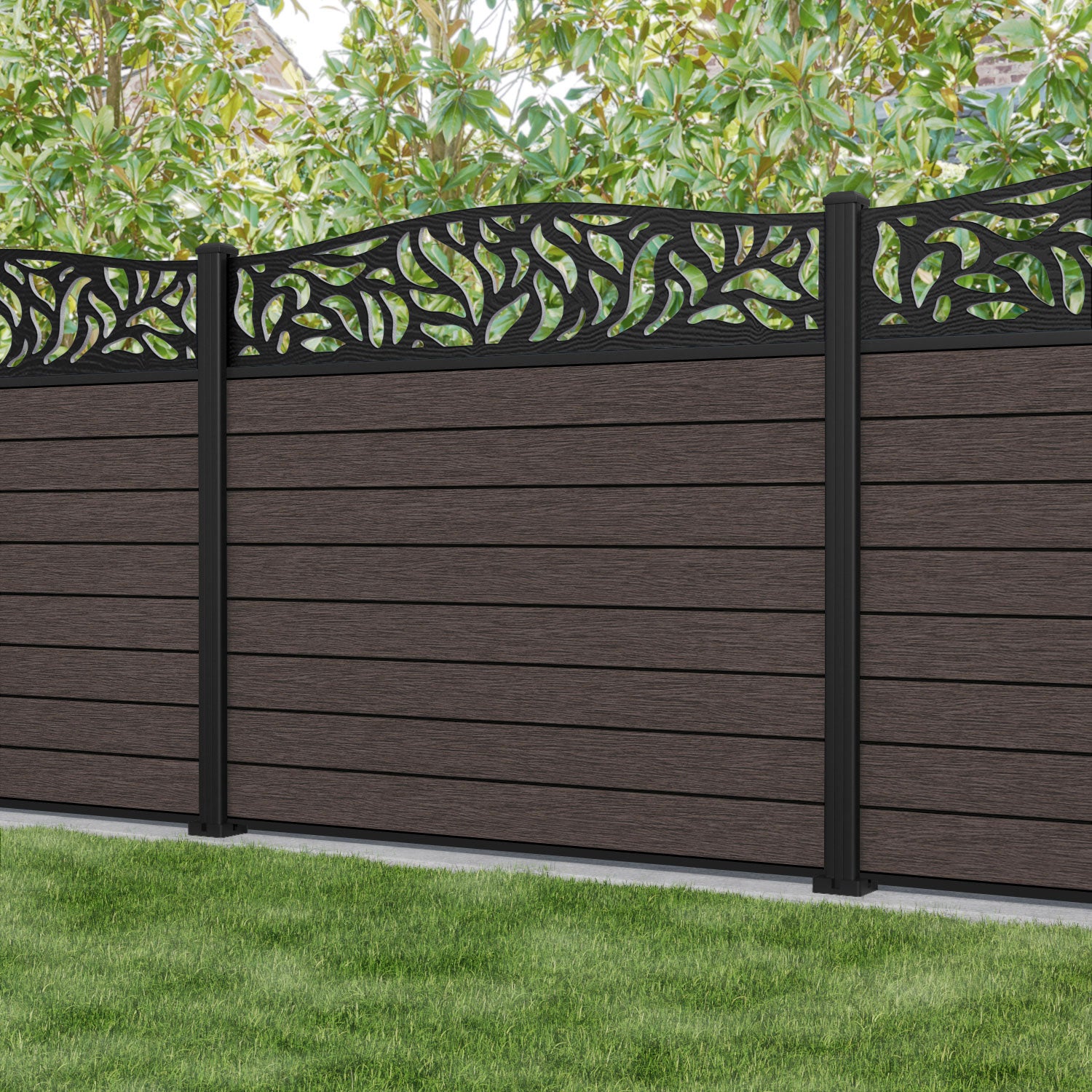 Fusion Plume Curved Top Fence Panel - Mid Brown - with our aluminium posts