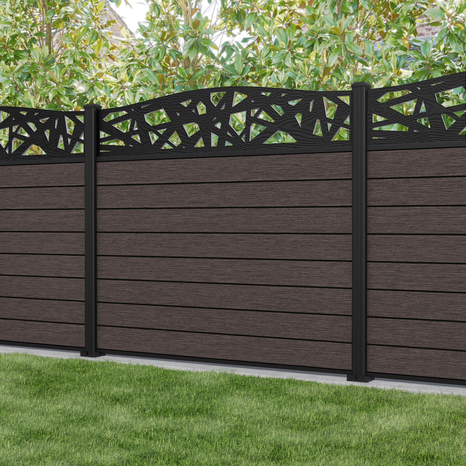 Fusion Prism Curved Top Fence Panel - Mid Brown - with our aluminium posts