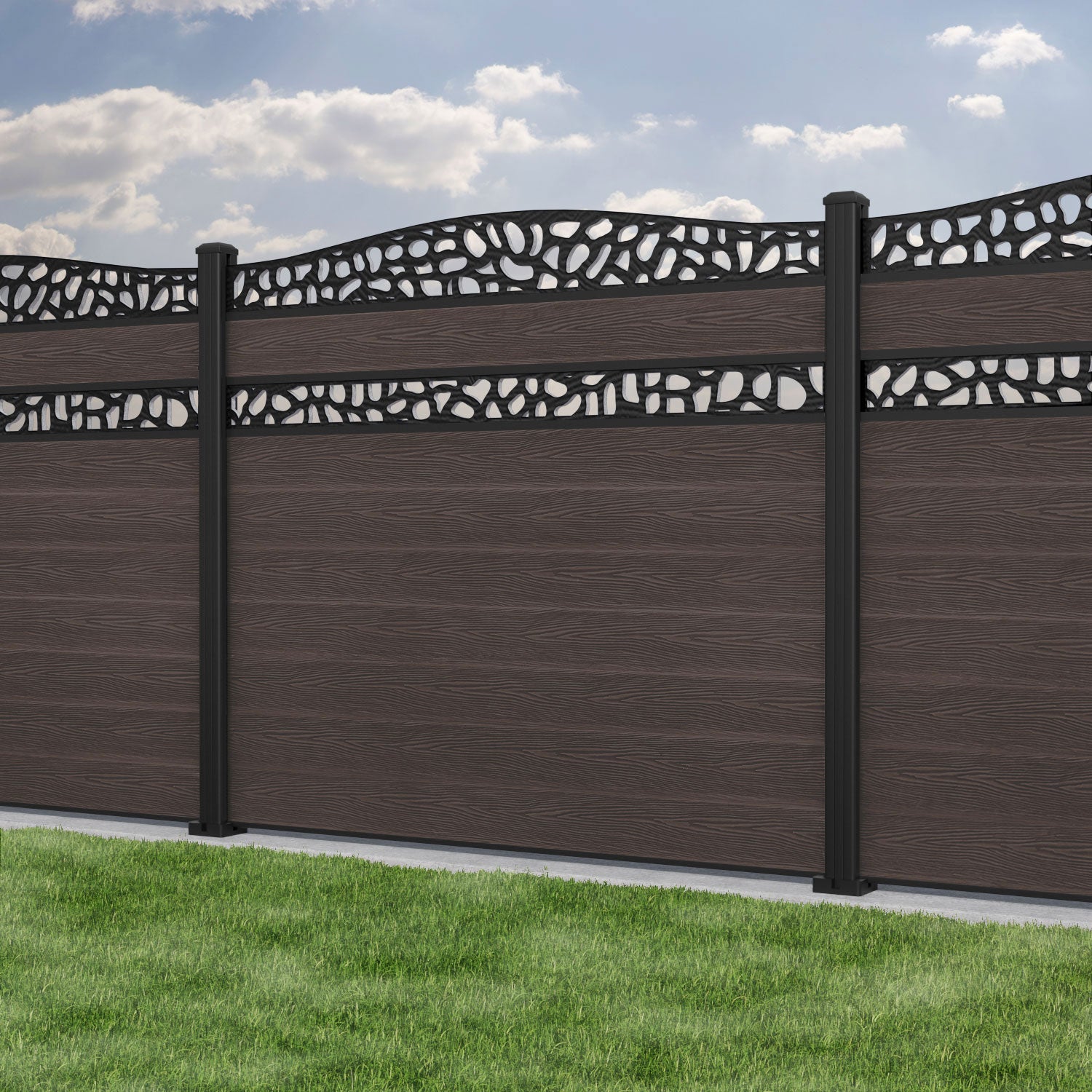 Classic Pebble Curved Top Split Screen Fence Panel - Mid Brown - with our aluminium posts