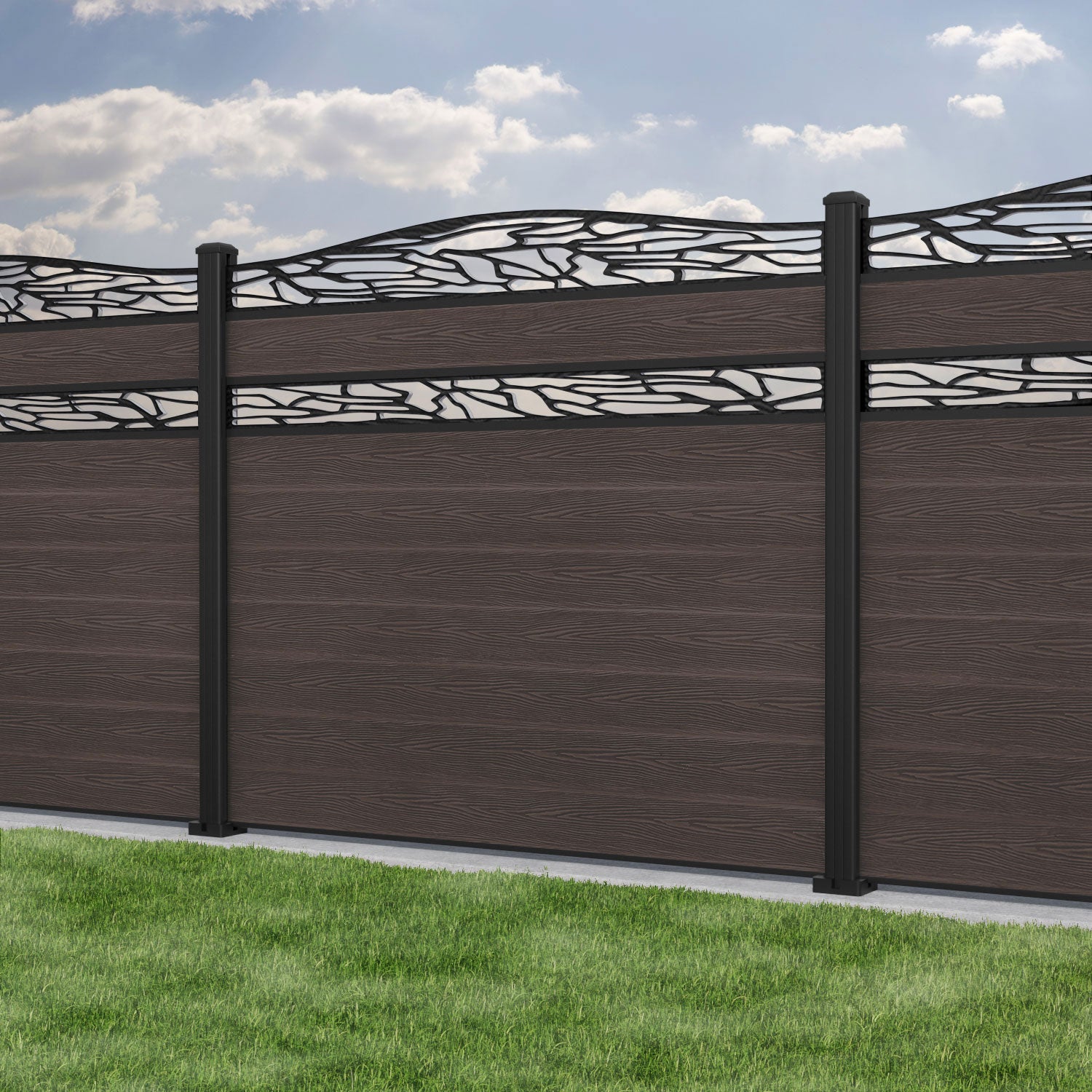 Classic Shatter Curved Top Split Screen Fence Panel - Mid Brown - with our aluminium posts