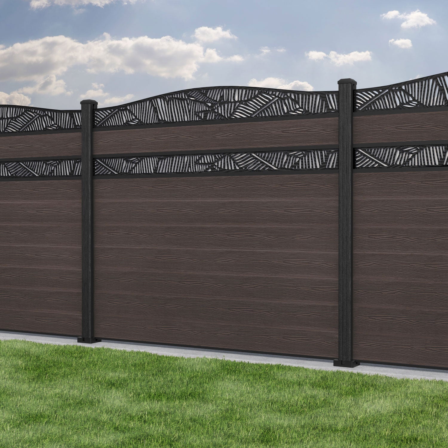 Classic Feather Curved Top Split Screen Fence Panel - Mid Brown - with our composite posts