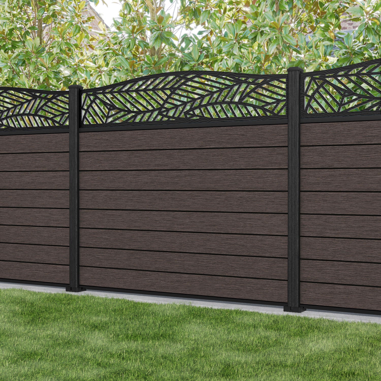 Fusion Habitat Curved Top Fence Panel - Mid Brown - with our composite posts