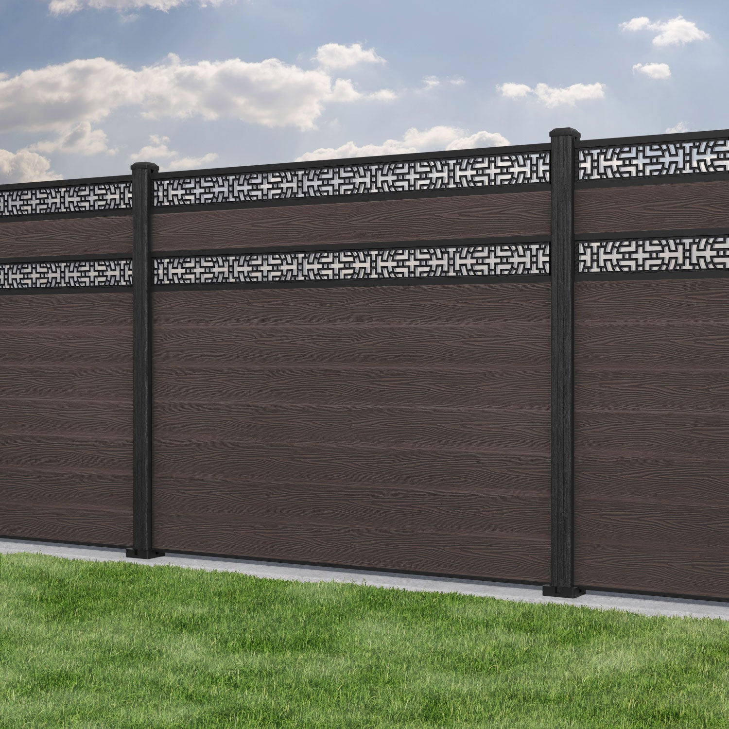 Classic Kumo Split Screen Fence Panel - Mid Brown - with our composite posts