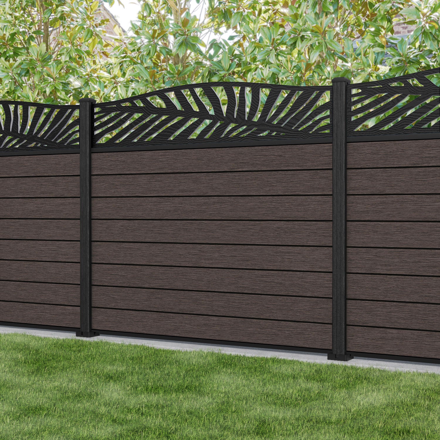Fusion Palm Curved Top Fence Panel - Mid Brown - with our composite posts
