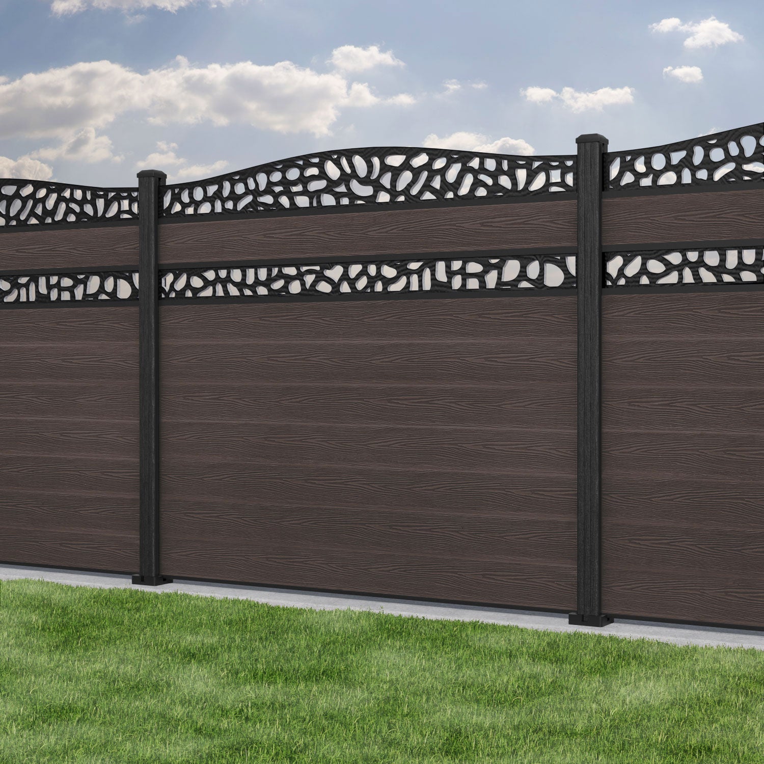 Classic Pebble Curved Top Split Screen Fence Panel - Mid Brown - with our composite posts