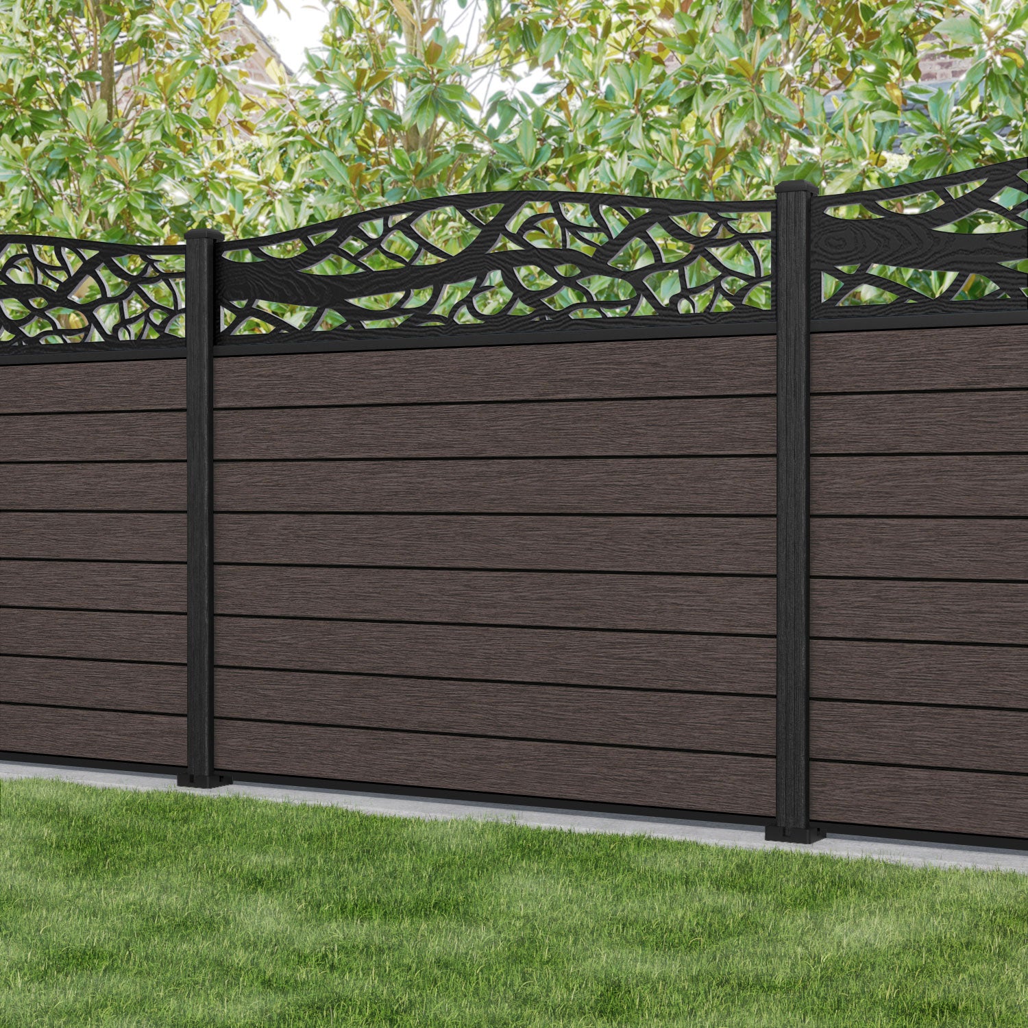 Fusion Twilight Curved Top Fence Panel - Mid Brown - with our composite posts