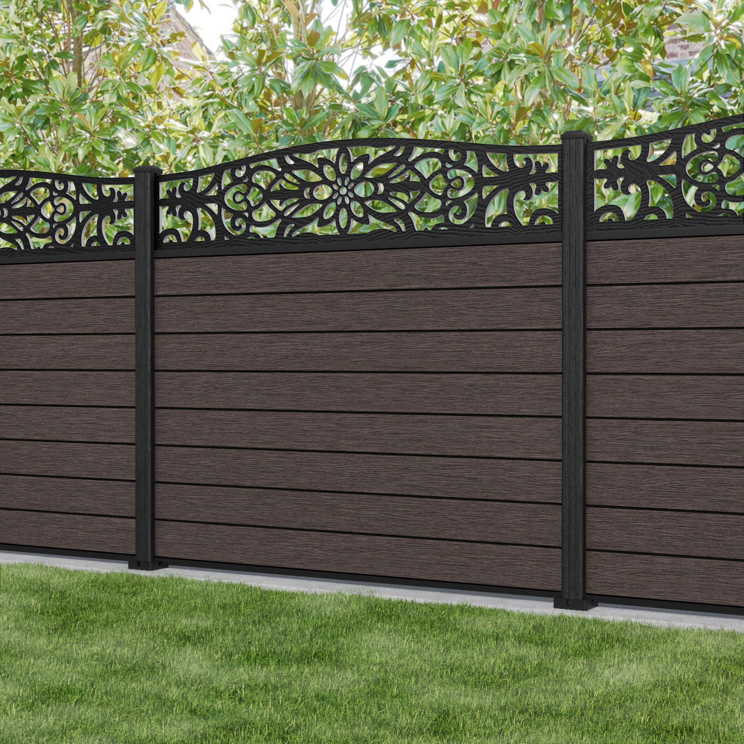 Fusion Windsor Curved Top Fence Panel - Mid Brown - with our composite posts