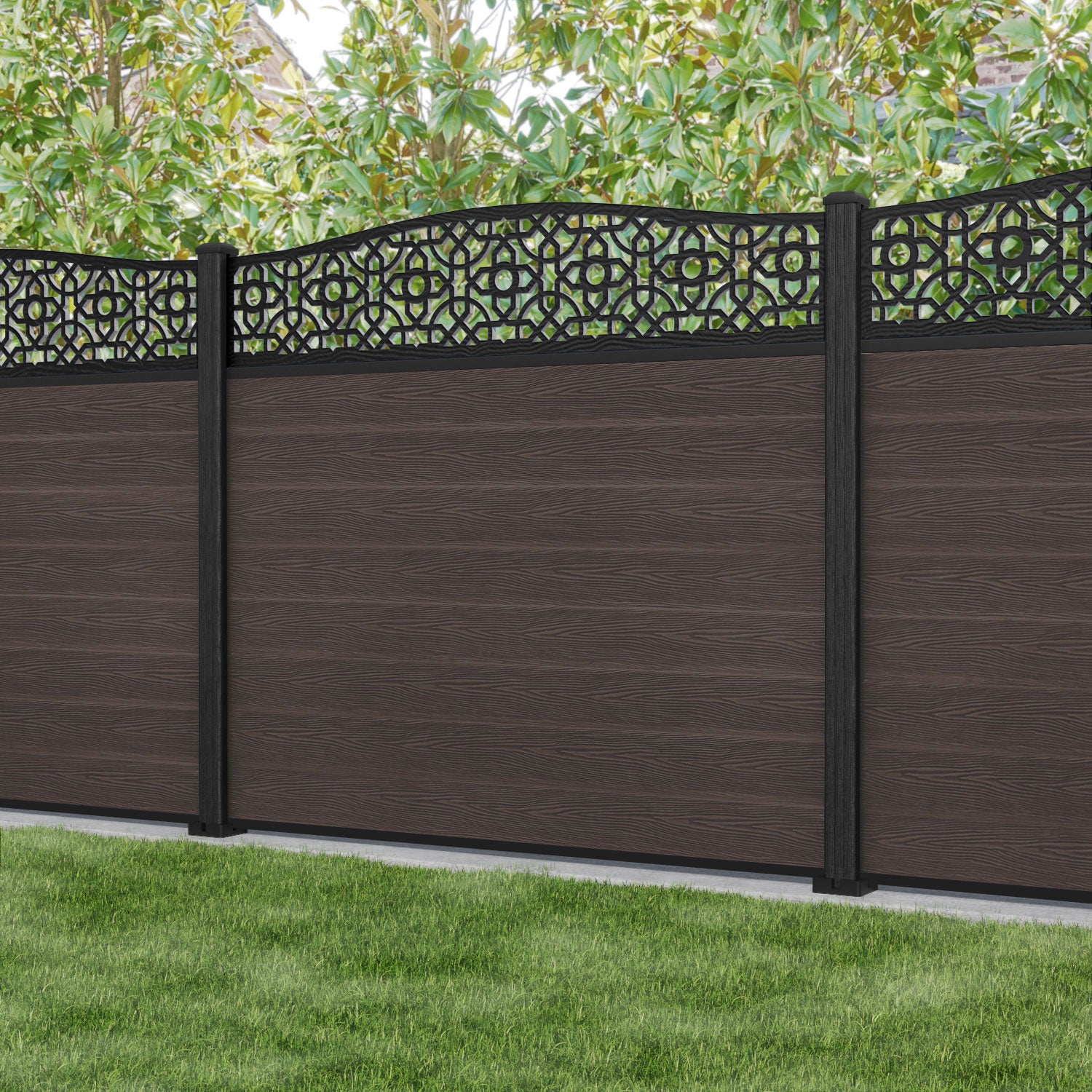 Classic Nabila Curved Top Fence Panel - Mid Brown - with our composite posts