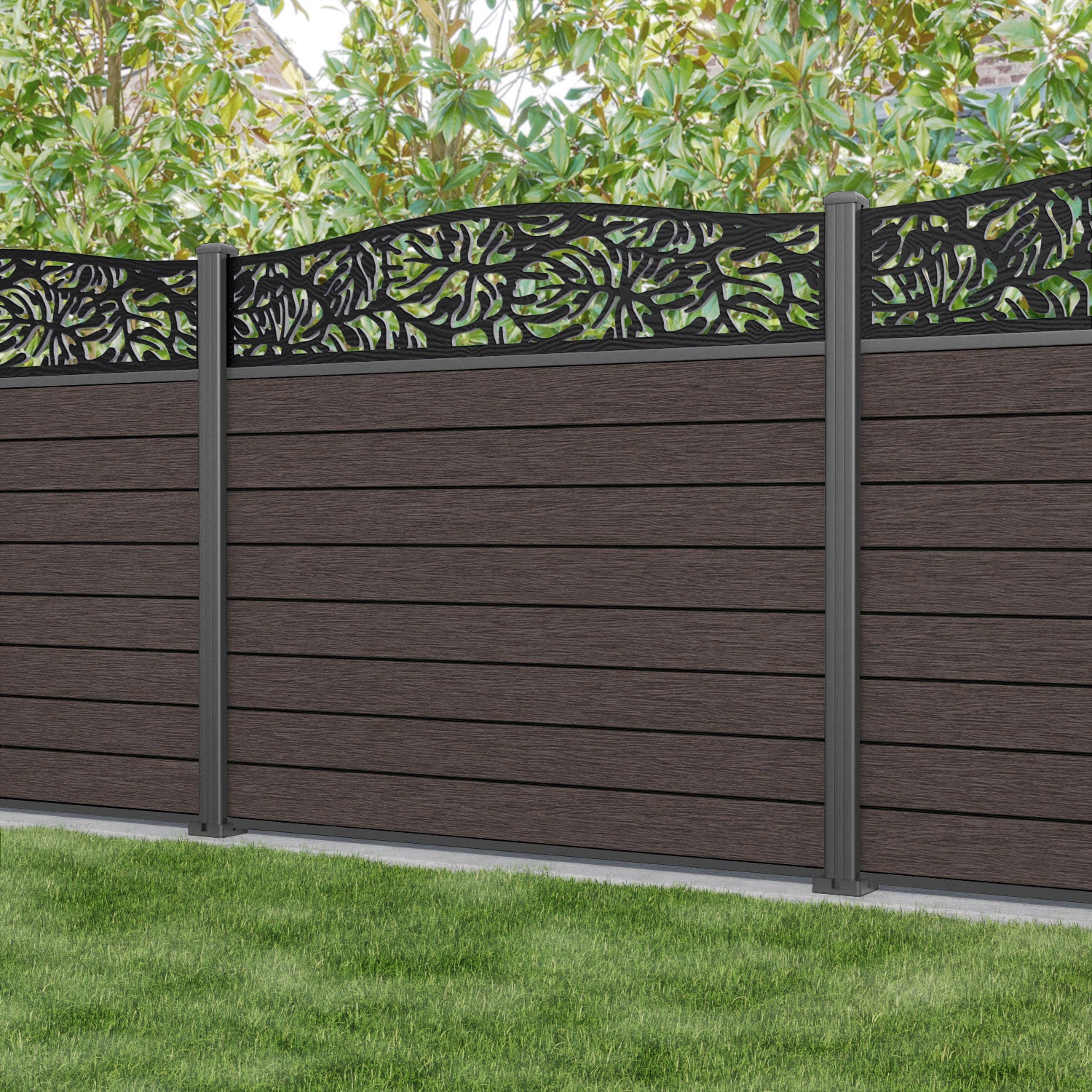 Fusion Botanic Curved Top Fence Panel - Mid Brown - with our aluminium posts