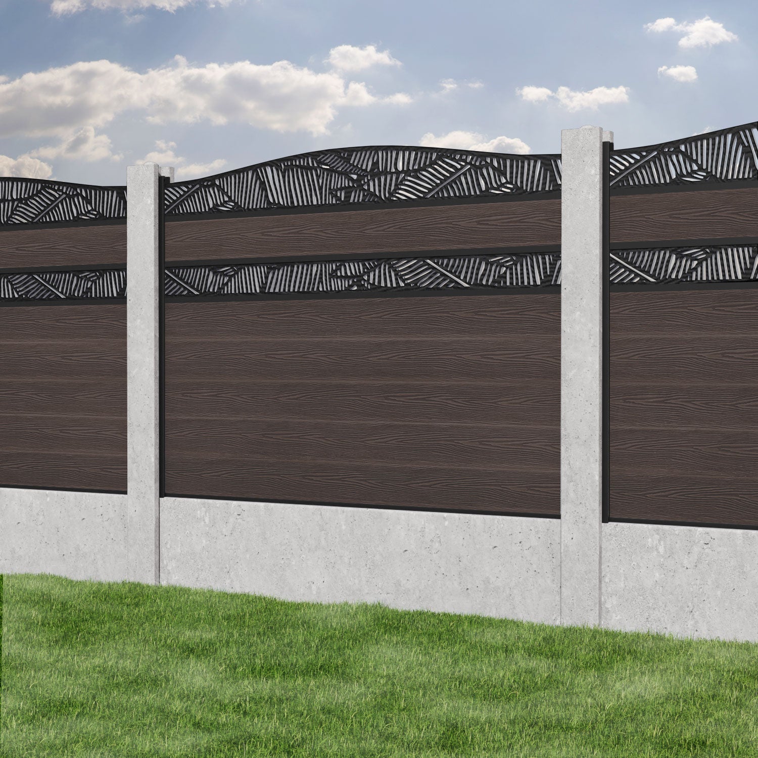 Classic Feather Curved Top Split Screen Fence Panel - Mid Brown - for existing concrete posts